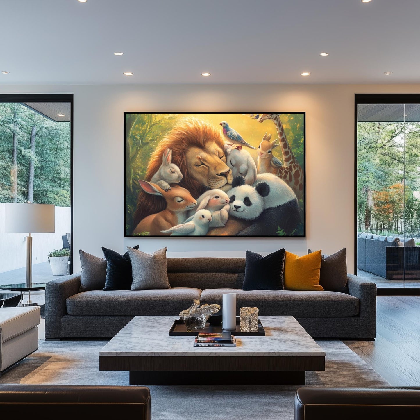 Heartwarming Animal Harmony Art - Lion, Panda, Bunny, Giraffe and Birds - Peaceful Wildlife Canvas - Whimsical Nature Wall Decor