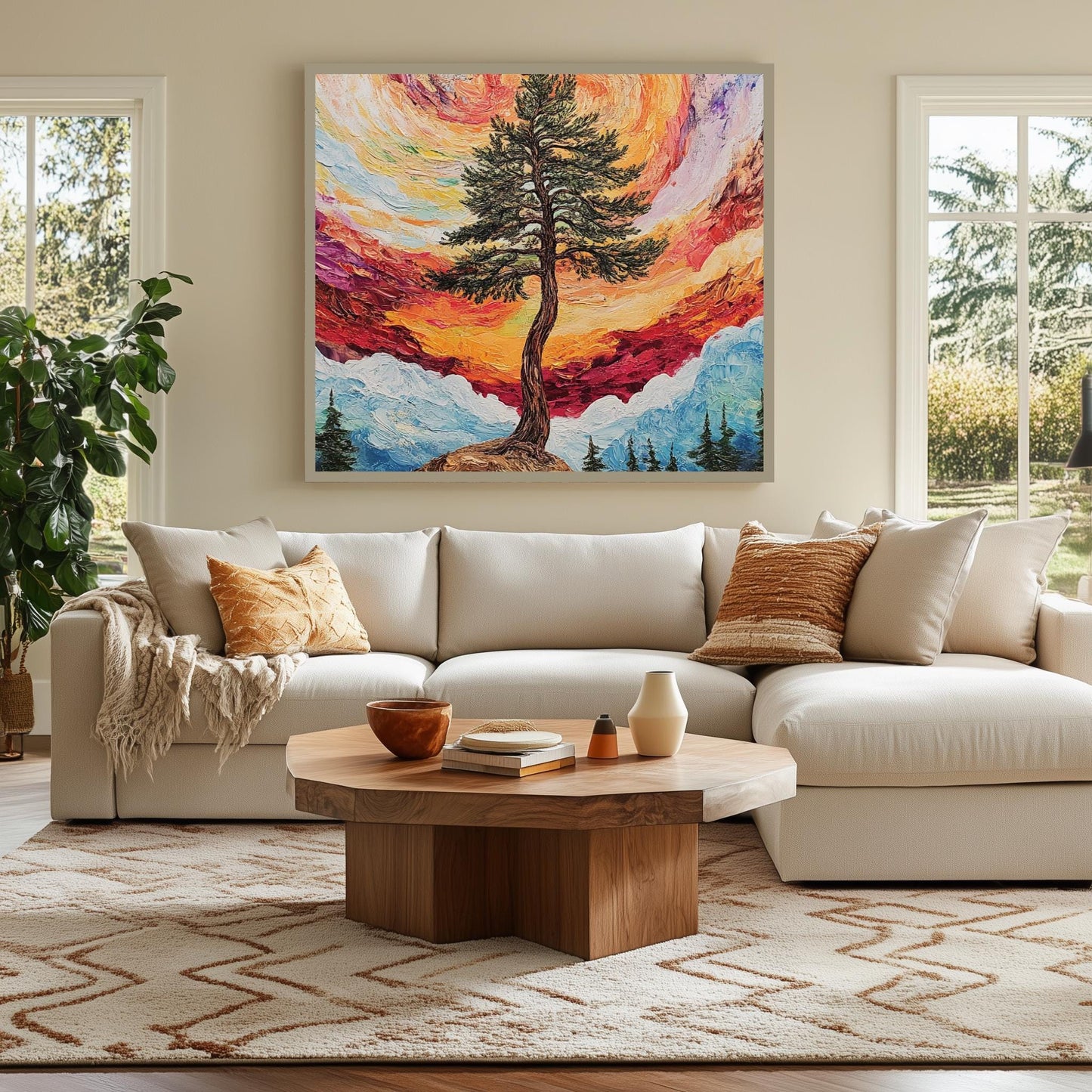 Surreal Tree and Swirling Sunset Canvas Art  Vibrant Landscape Painting, Nature-Inspired Wall Decor, Dreamy Forest Scene