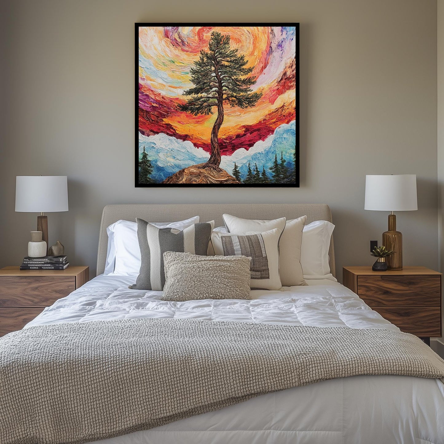 Surreal Tree and Swirling Sunset Canvas Art  Vibrant Landscape Painting, Nature-Inspired Wall Decor, Dreamy Forest Scene