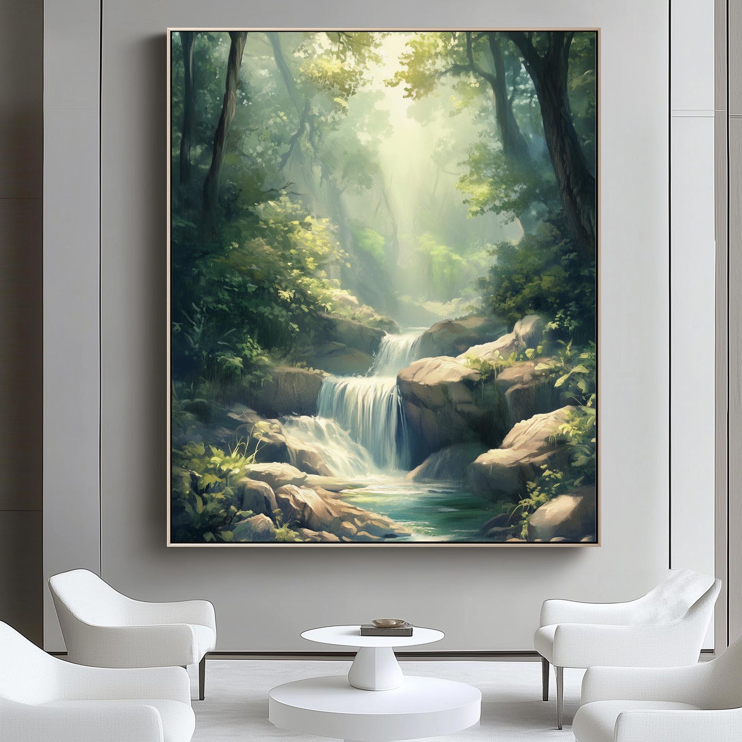 Tranquil Forest Waterfall Canvas Art - Serene Nature Landscape Wall Decor for Living Room, Bedroom, or Office