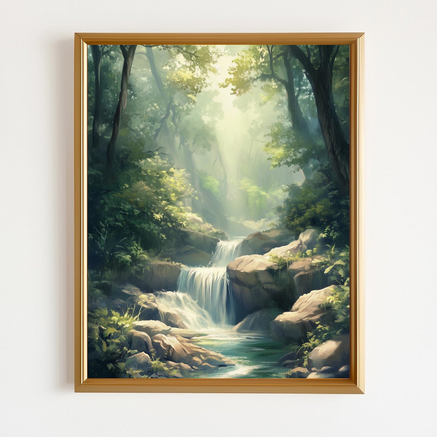 Tranquil Forest Waterfall Canvas Art - Serene Nature Landscape Wall Decor for Living Room, Bedroom, or Office