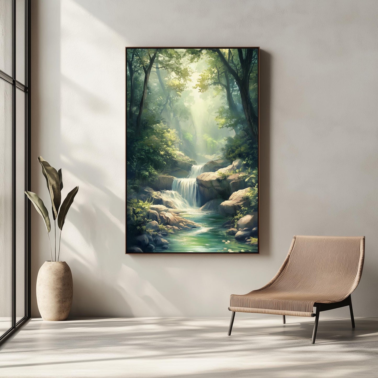 Tranquil Forest Waterfall Canvas Art - Serene Nature Landscape Wall Decor for Living Room, Bedroom, or Office