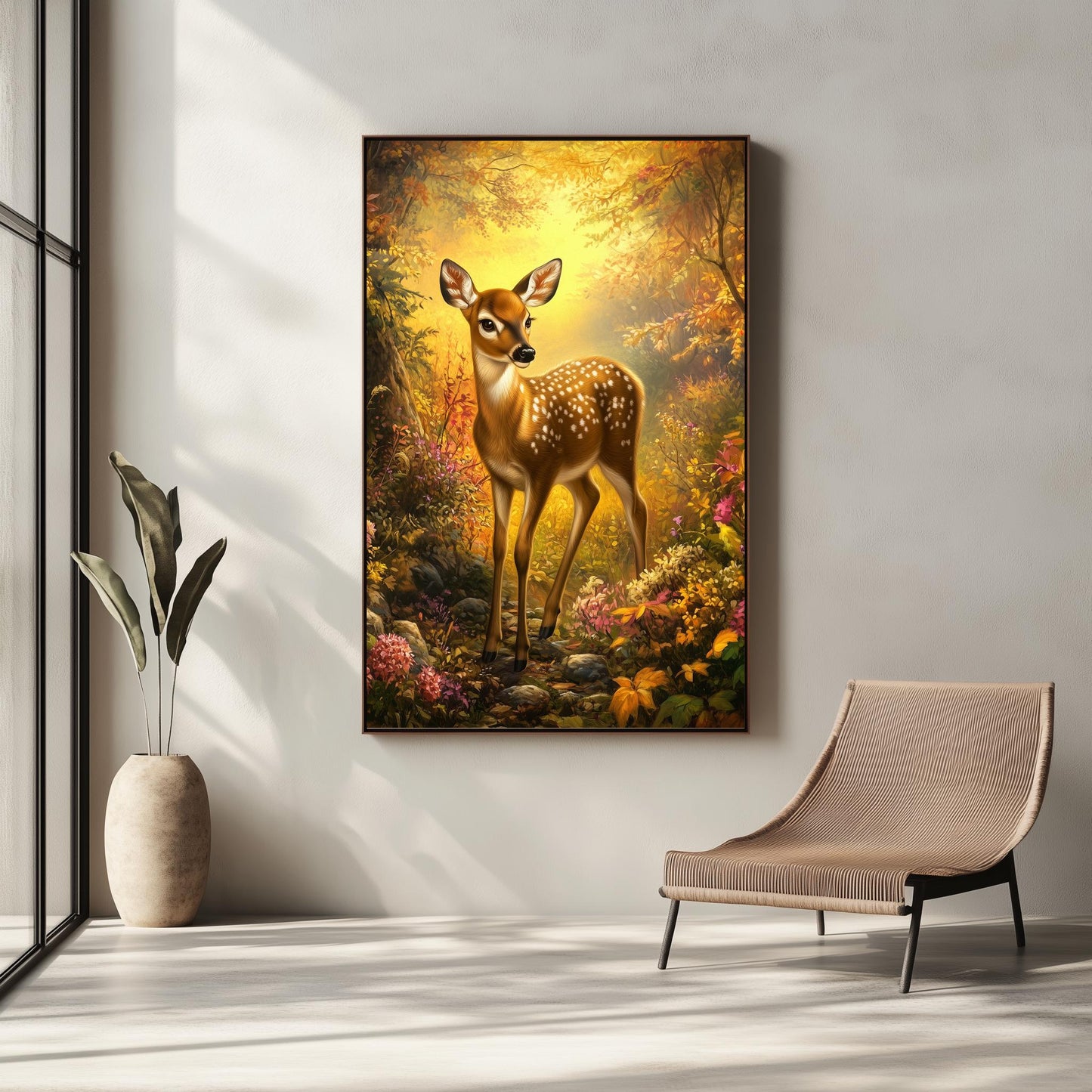 Enchanting Fawn in Autumn Forest Canvas Art - Whimsical Wildlife Wall Decor, Warm Golden Light Woodland Scene for Nature-Inspired Spaces