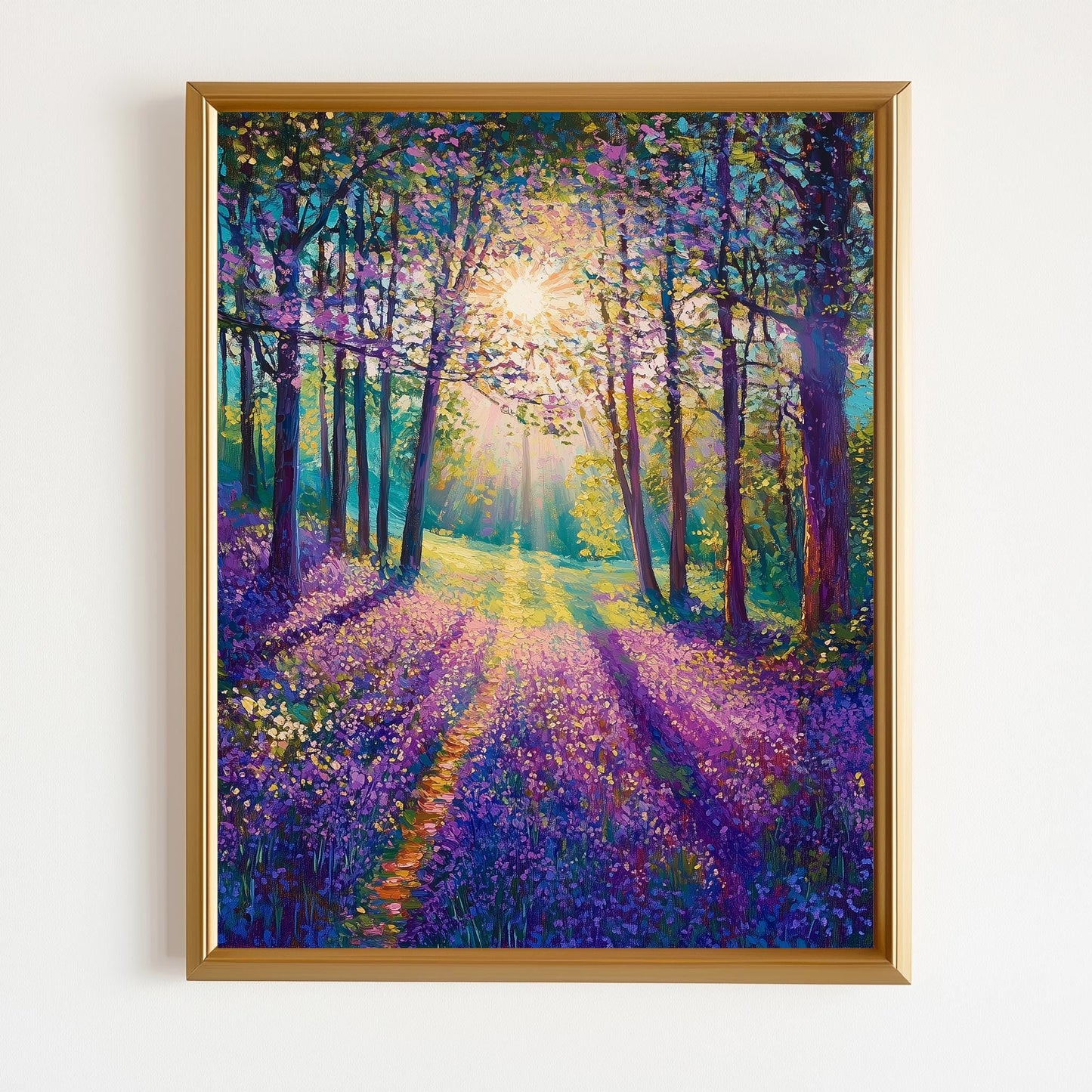 Purple Flower Forest Path Canvas Print - Sunlit Pathway Wall Art, Tranquil Woodland Scene, Nature Lovers Decor