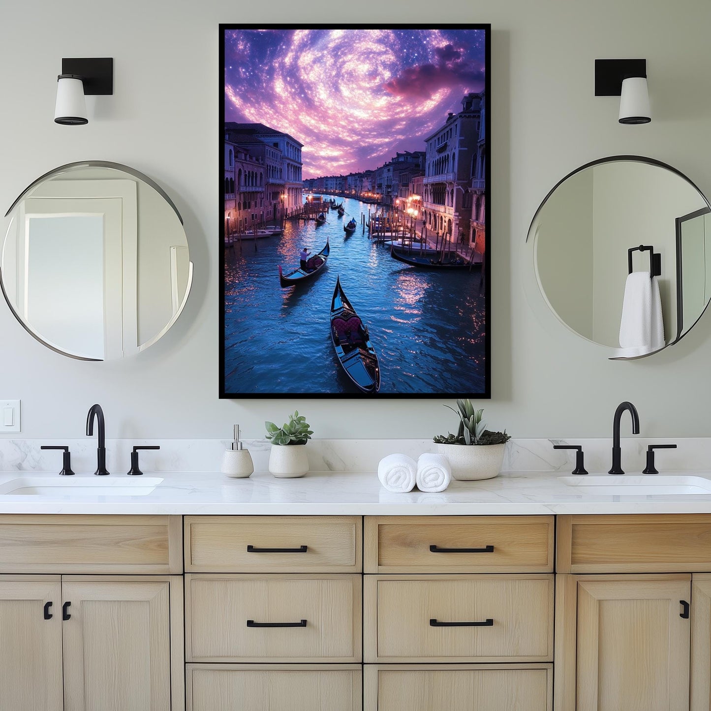 Venice Canal Under Starry Sky Canvas Art  Romantic Night Scene with Gondolas, Dreamy Italian Wall Decor, Magical Cityscape