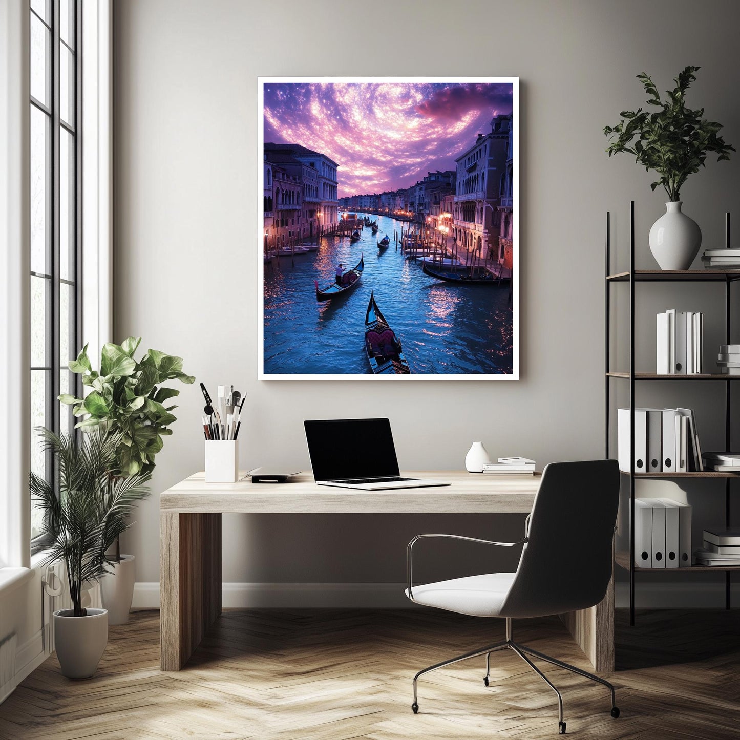 Venice Canal Under Starry Sky Canvas Art  Romantic Night Scene with Gondolas, Dreamy Italian Wall Decor, Magical Cityscape