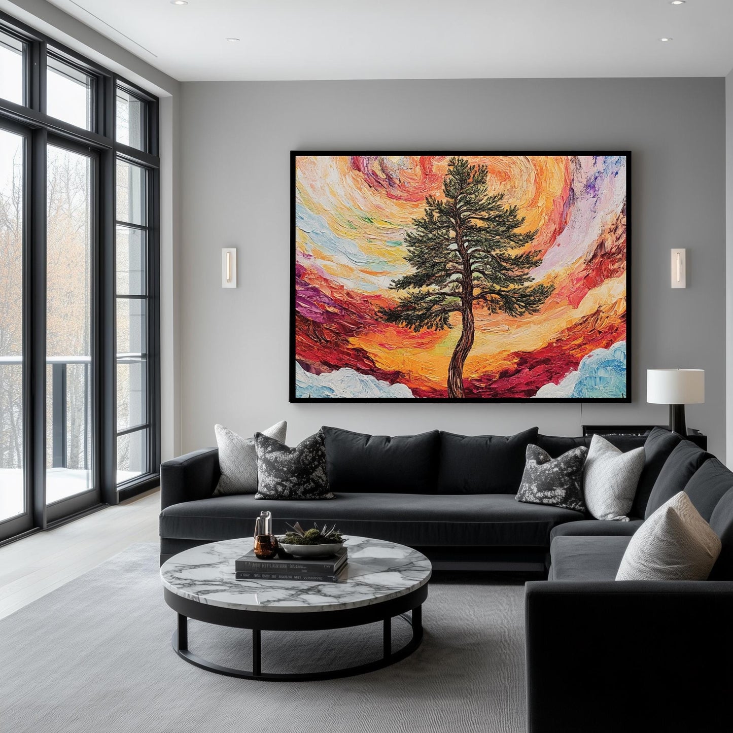 Surreal Tree and Swirling Sunset Canvas Art  Vibrant Landscape Painting, Nature-Inspired Wall Decor, Dreamy Forest Scene