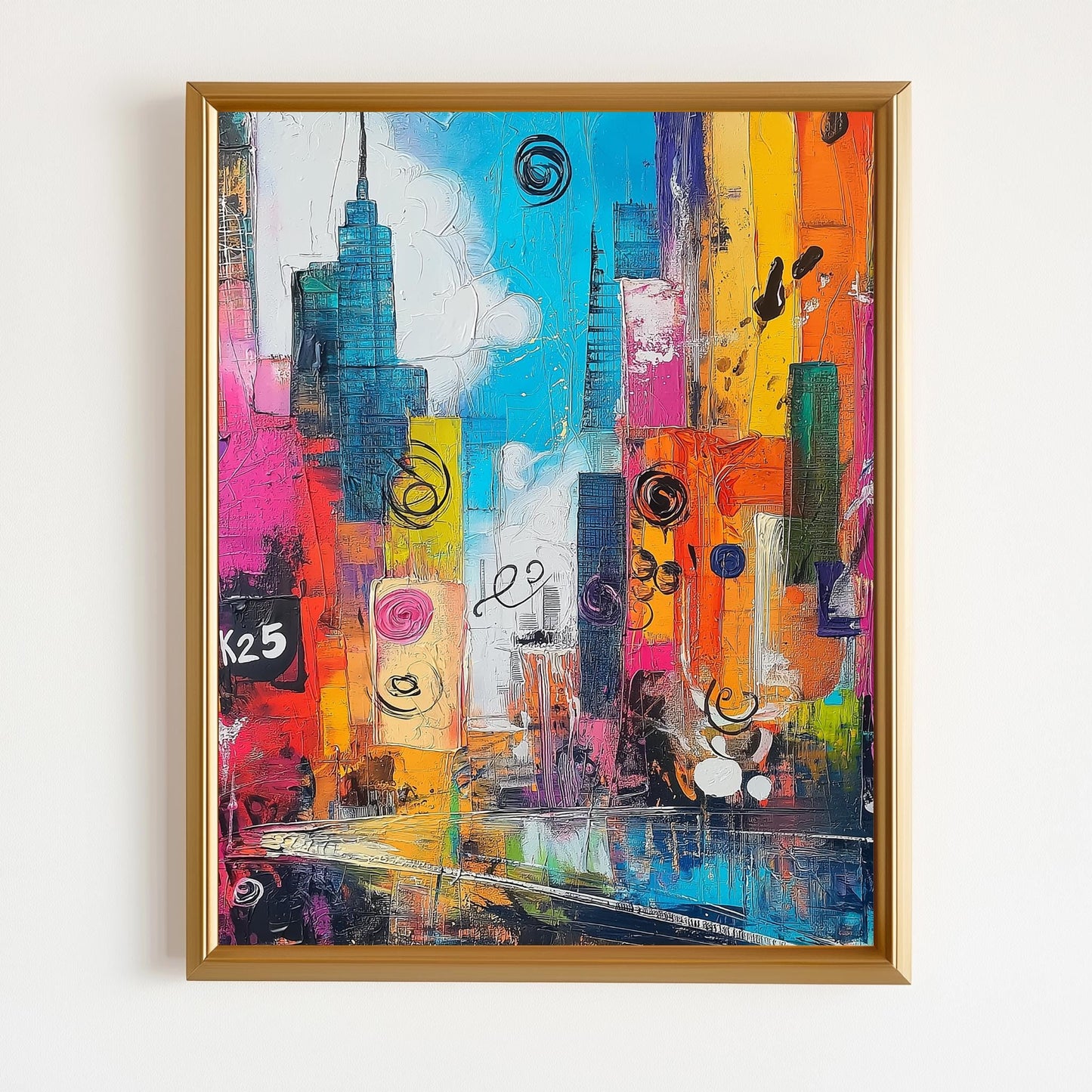 Vibrant Cityscape Abstract Canvas  Colorful Urban Skyline with Textured and Dynamic Design