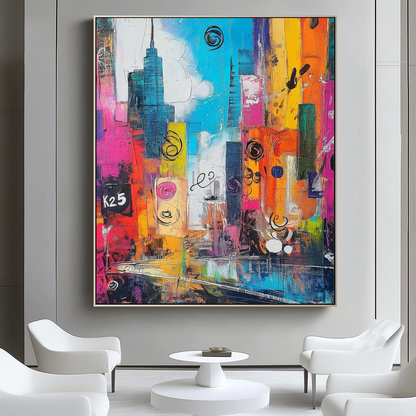 Vibrant Cityscape Abstract Canvas  Colorful Urban Skyline with Textured and Dynamic Design