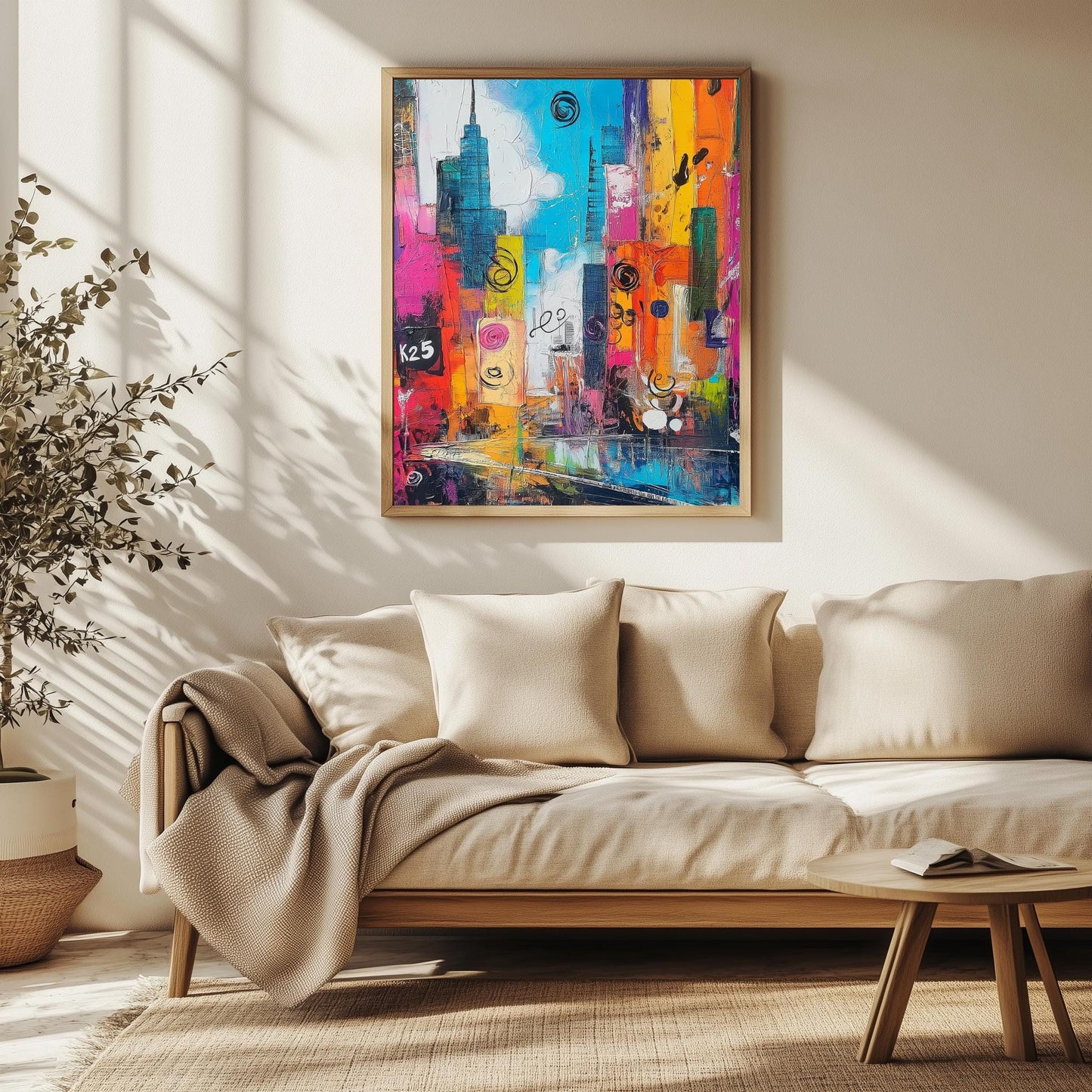 Vibrant Cityscape Abstract Canvas  Colorful Urban Skyline with Textured and Dynamic Design