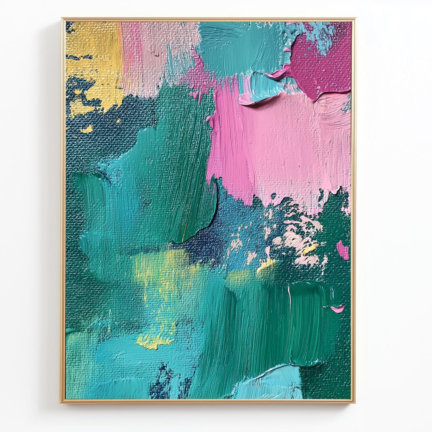 Bold Textured Abstract Canvas  Vibrant Teal, Pink, and Yellow Layers with Intricate Palette Knife Strokes