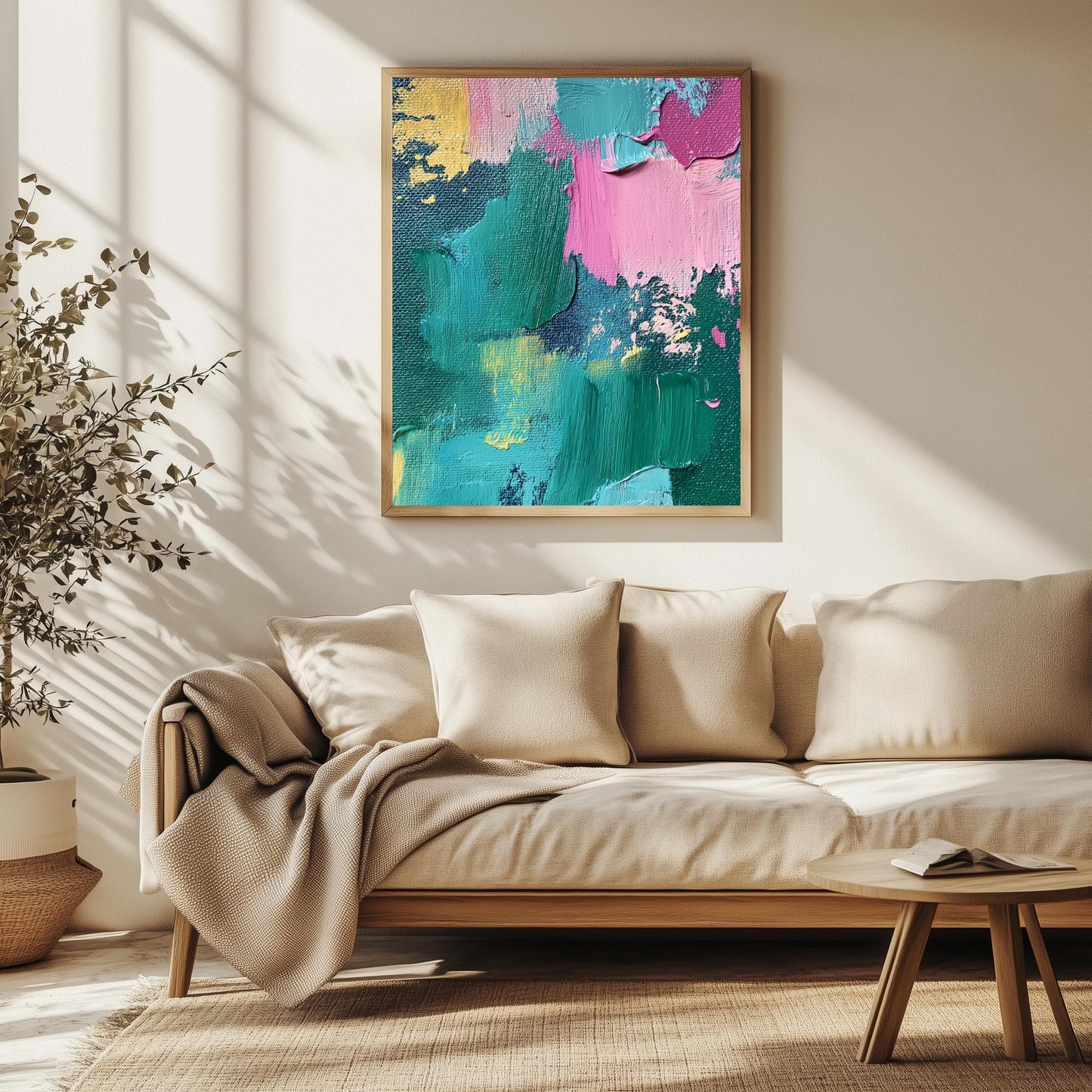 Bold Textured Abstract Canvas  Vibrant Teal, Pink, and Yellow Layers with Intricate Palette Knife Strokes