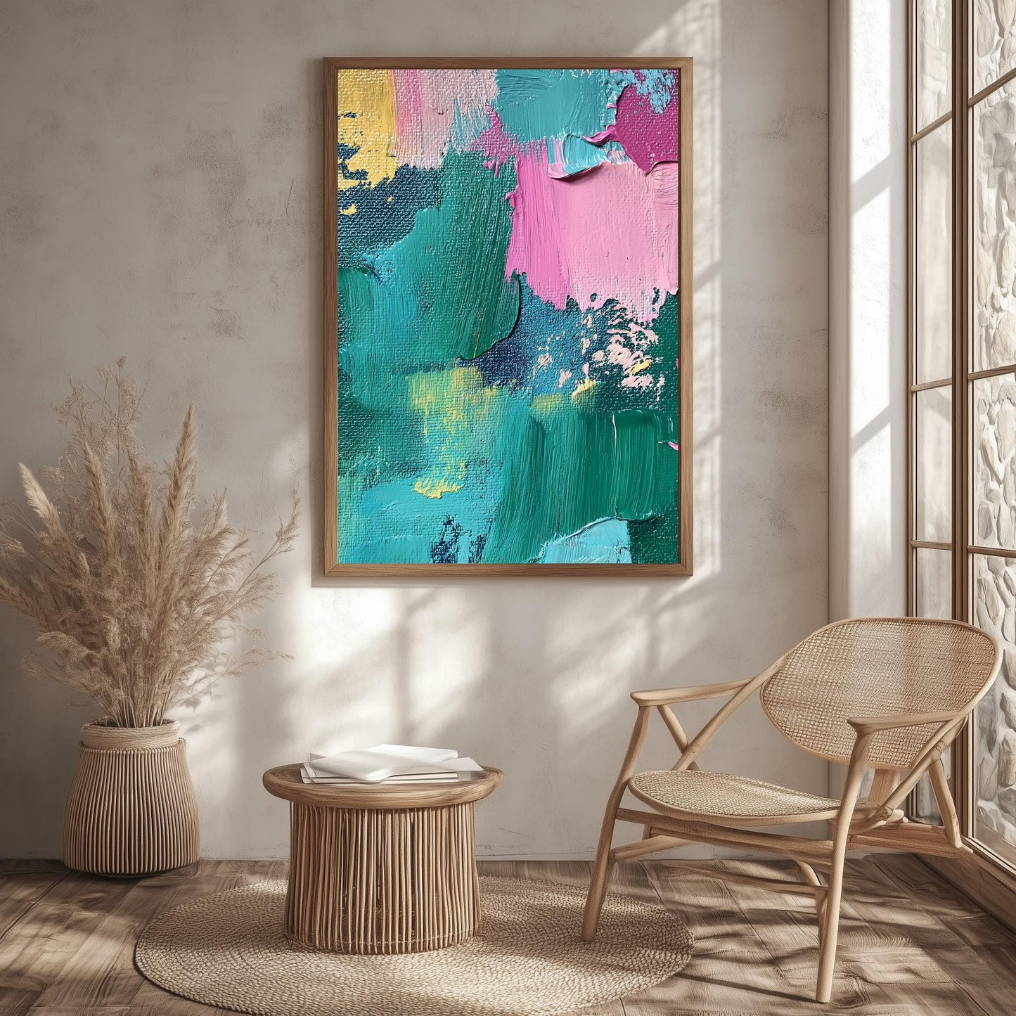 Bold Textured Abstract Canvas  Vibrant Teal, Pink, and Yellow Layers with Intricate Palette Knife Strokes