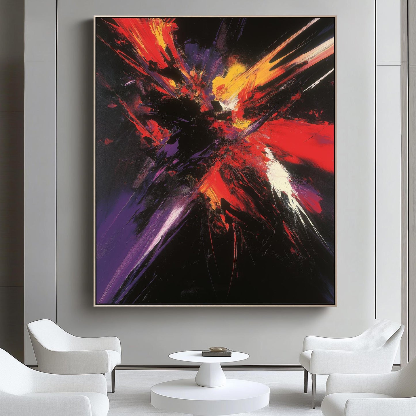 Explosive Abstract Canvas  Vibrant Red, Yellow, and Purple Strokes on Black for Bold Modern Wall Art