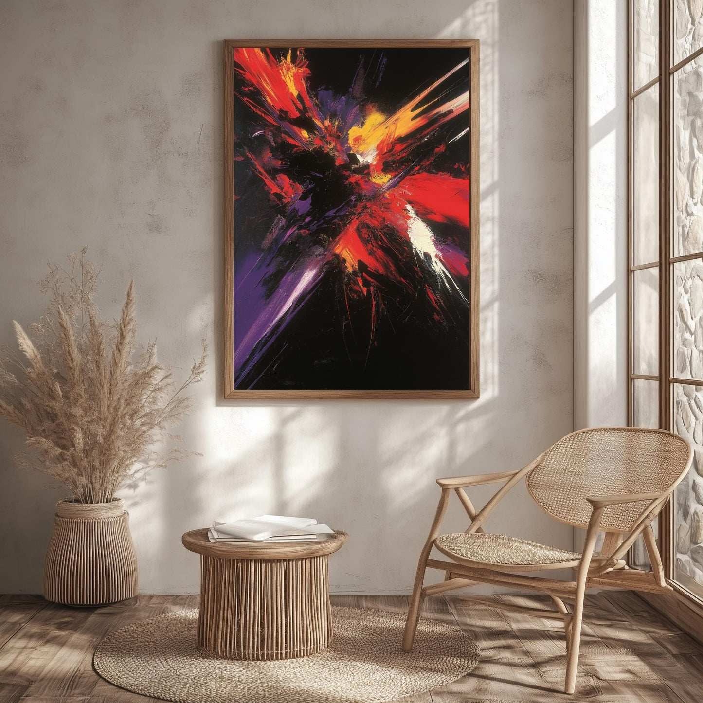 Explosive Abstract Canvas  Vibrant Red, Yellow, and Purple Strokes on Black for Bold Modern Wall Art