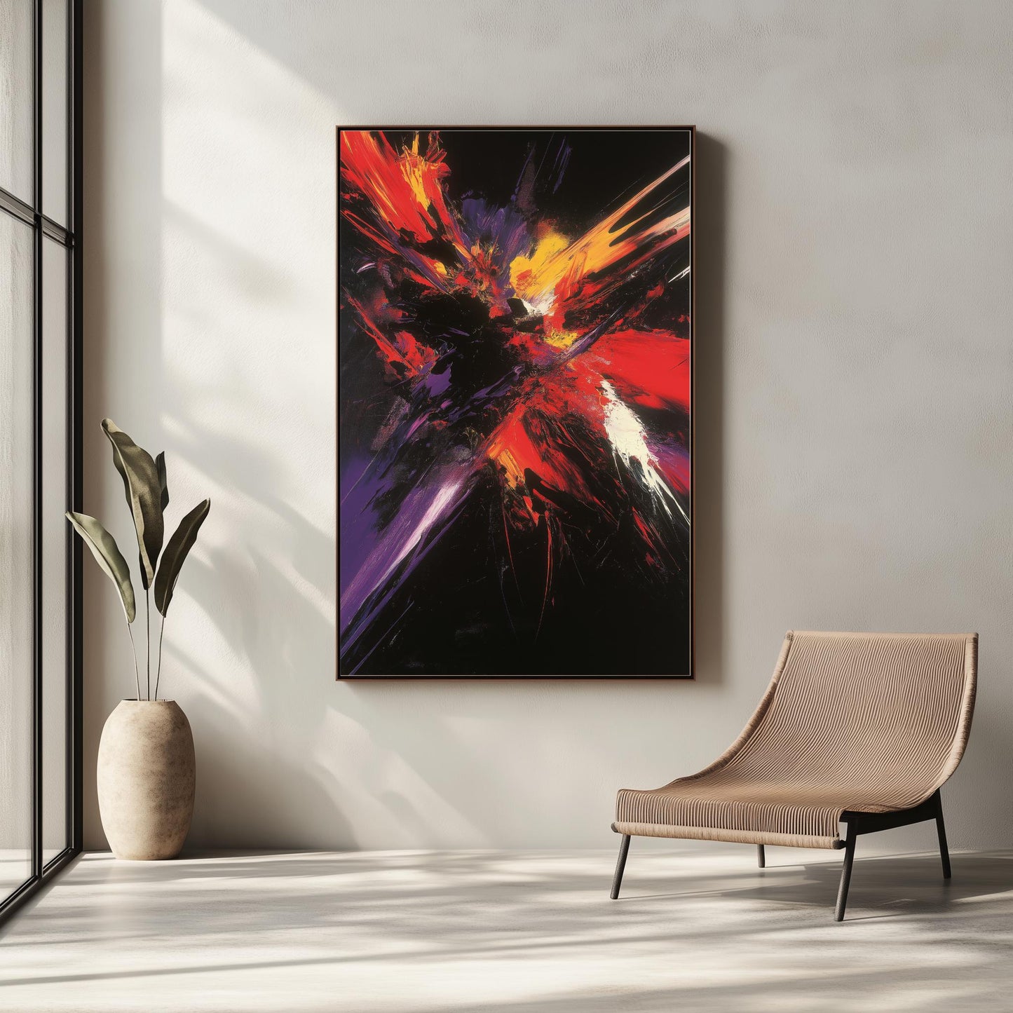 Explosive Abstract Canvas  Vibrant Red, Yellow, and Purple Strokes on Black for Bold Modern Wall Art