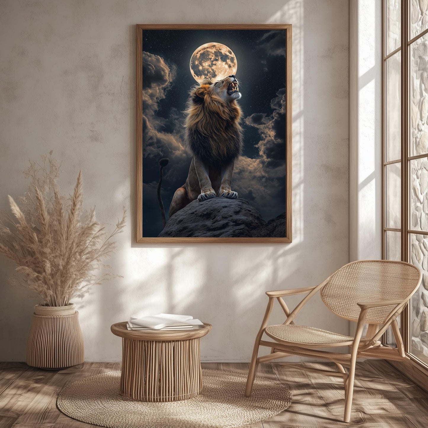 Lion Moonlight Wall Art, Majestic Wildlife Canvas, Dark Fantasy Decor