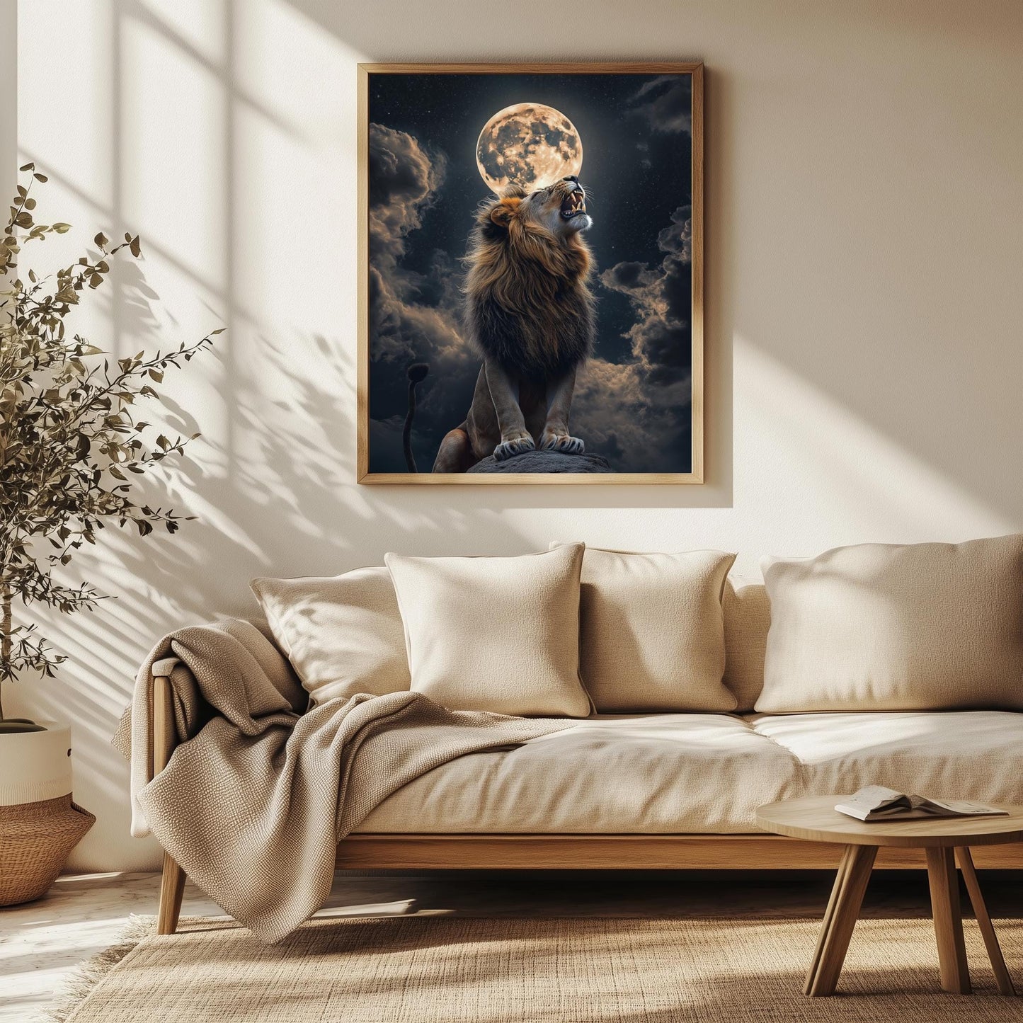 Lion Moonlight Wall Art, Majestic Wildlife Canvas, Dark Fantasy Decor