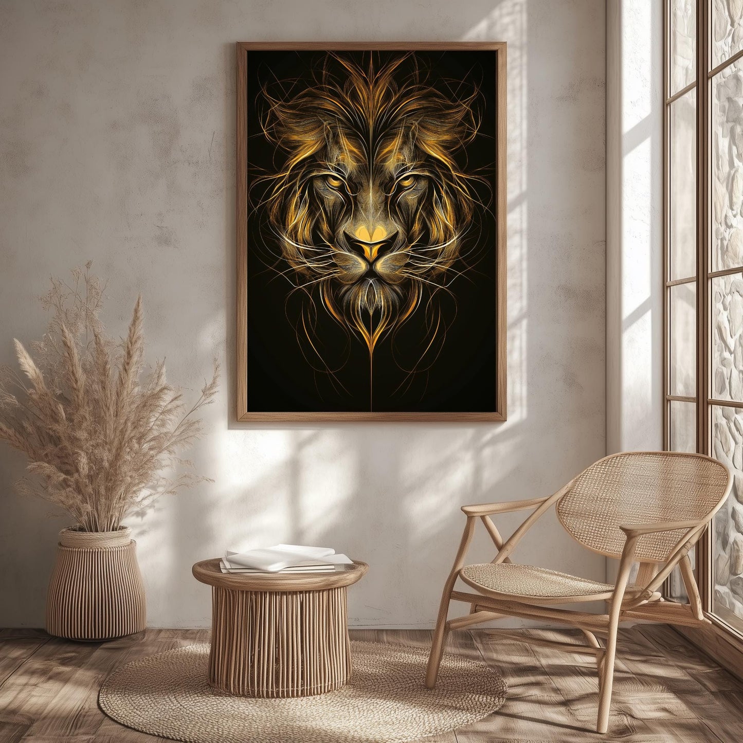 Golden Lion Abstract Wall Art, Majestic Animal Canvas, Black and Gold Modern Decor, Fierce Wildlife Poster, Luxury Home Design