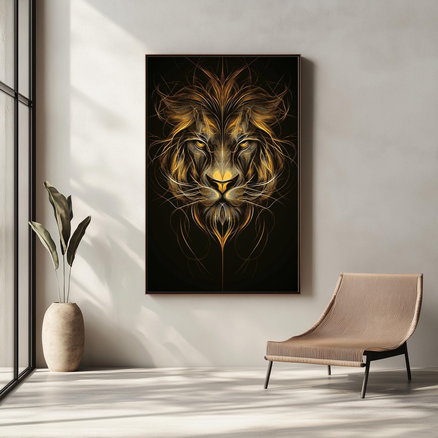 Golden Lion Abstract Wall Art, Majestic Animal Canvas, Black and Gold Modern Decor, Fierce Wildlife Poster, Luxury Home Design