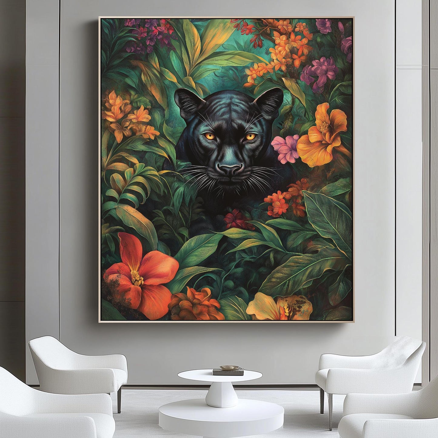 Black Panther Jungle Art, Vibrant Floral Canvas, Exotic Wildlife Wall Decor