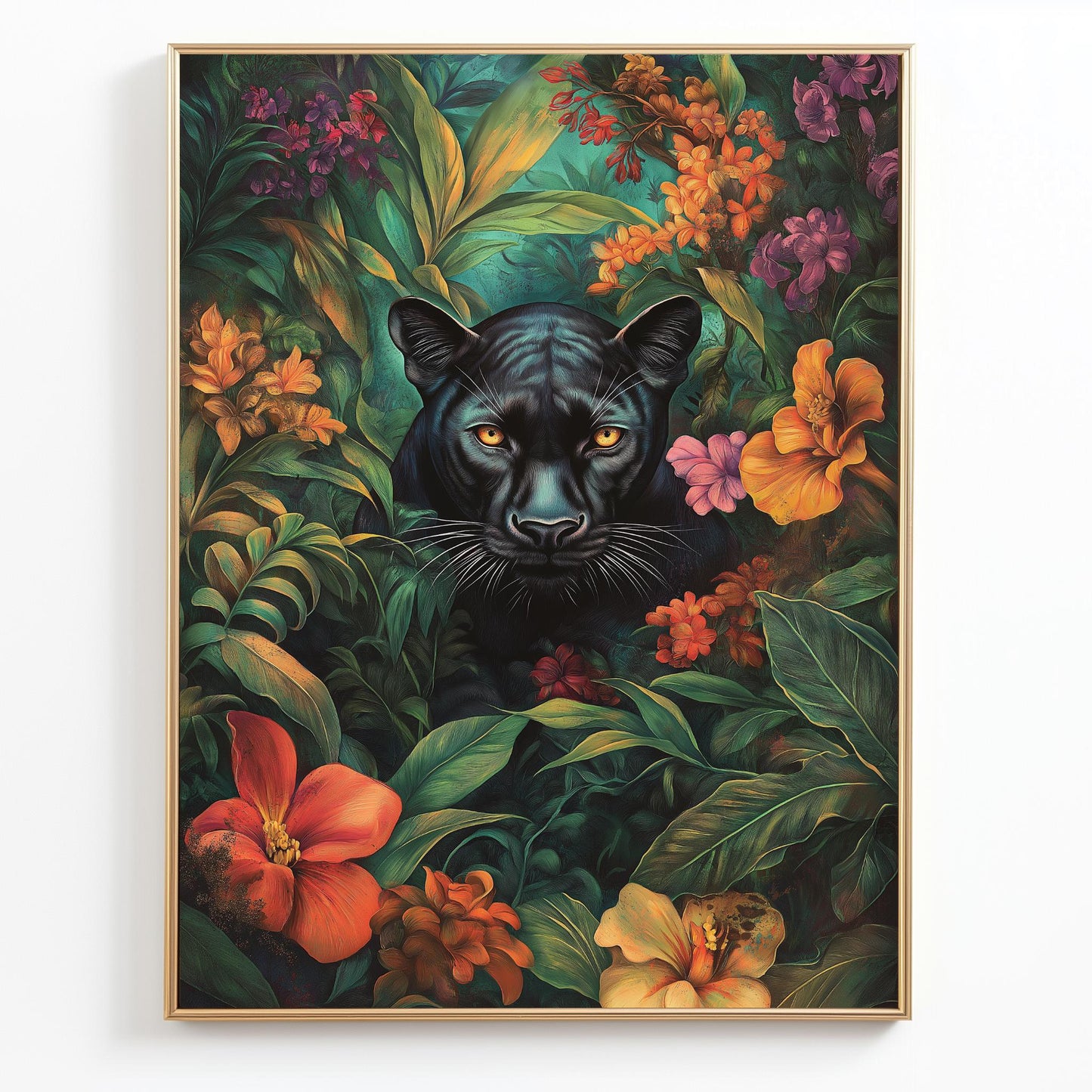 Black Panther Jungle Art, Vibrant Floral Canvas, Exotic Wildlife Wall Decor