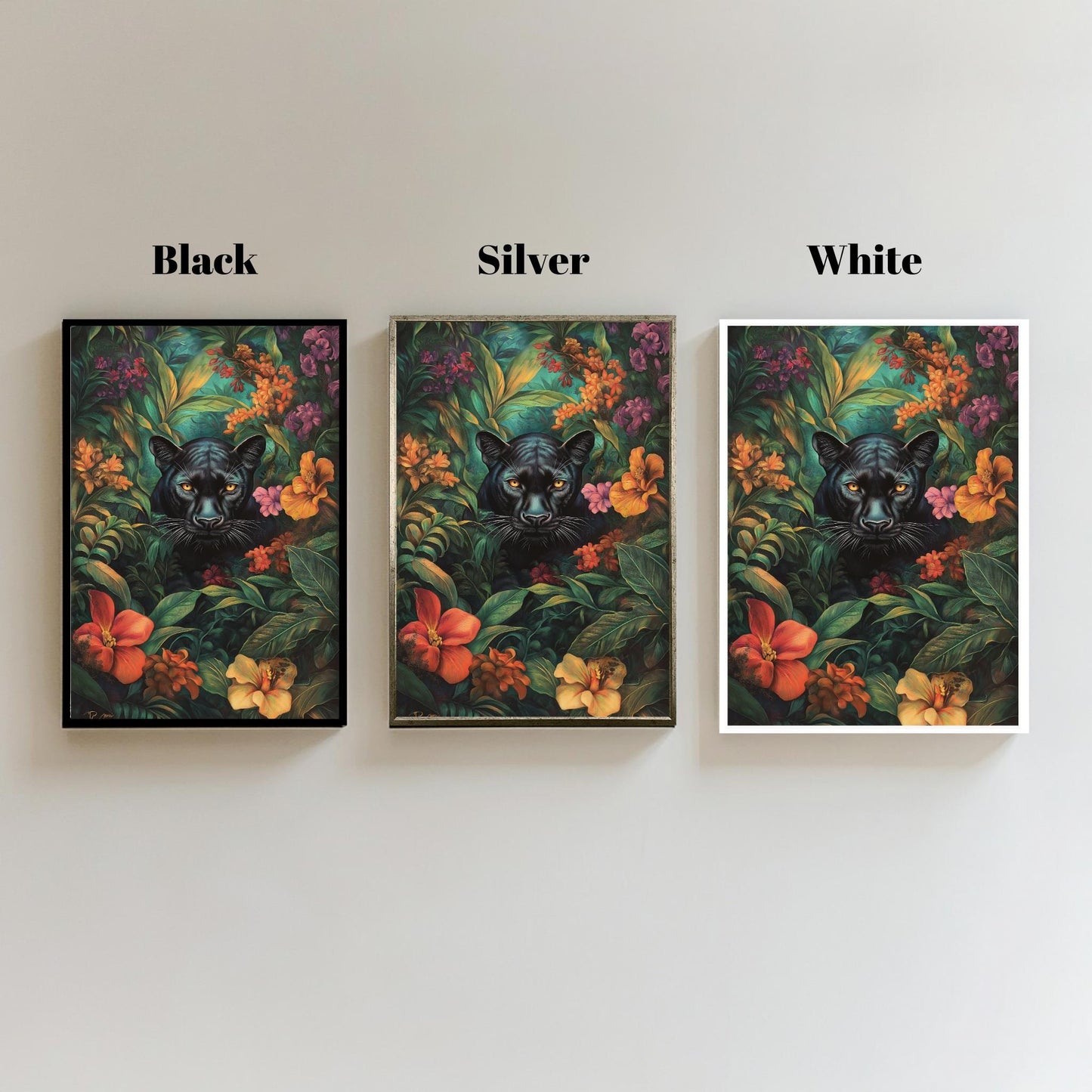 Black Panther Jungle Art, Vibrant Floral Canvas, Exotic Wildlife Wall Decor