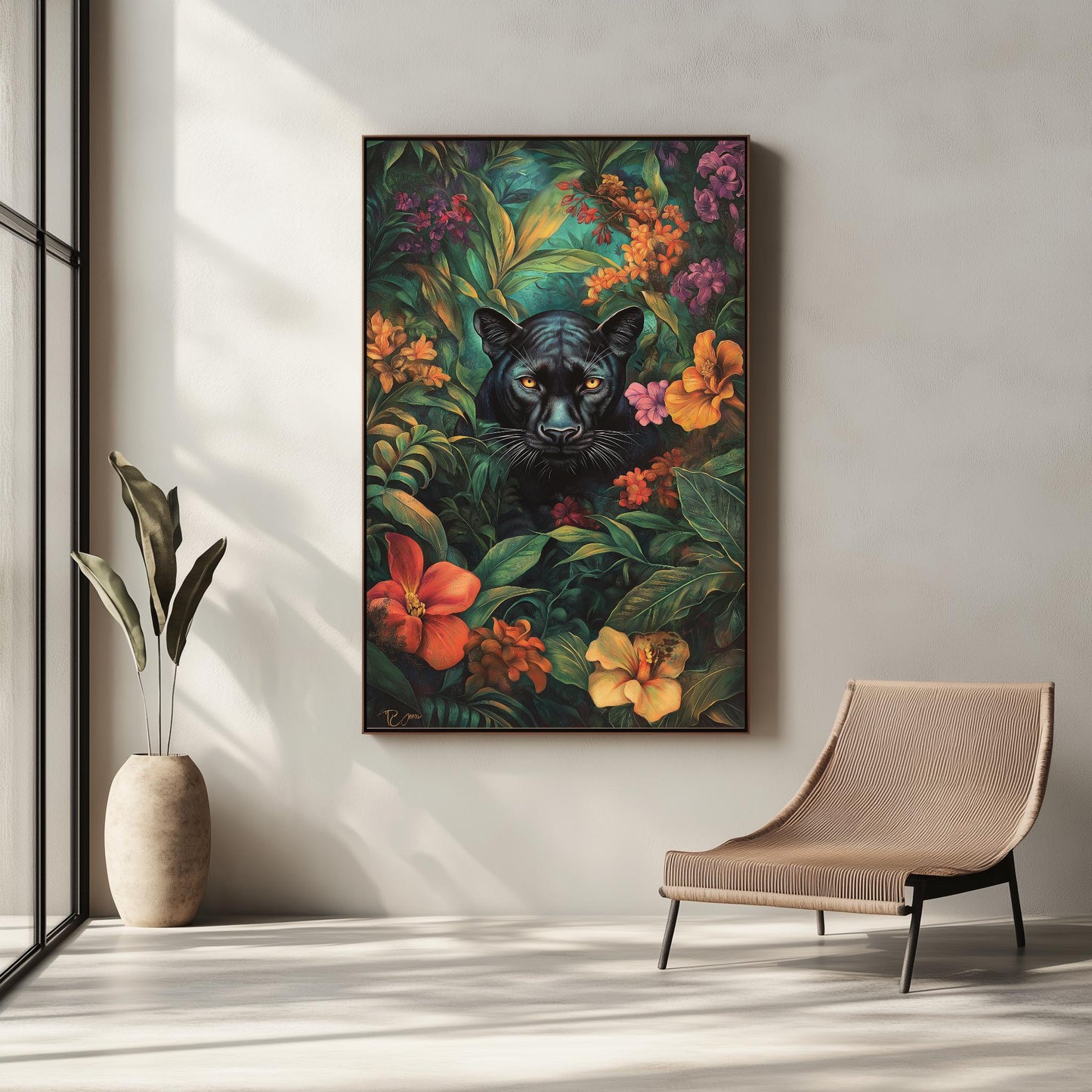 Black Panther Jungle Art, Vibrant Floral Canvas, Exotic Wildlife Wall Decor