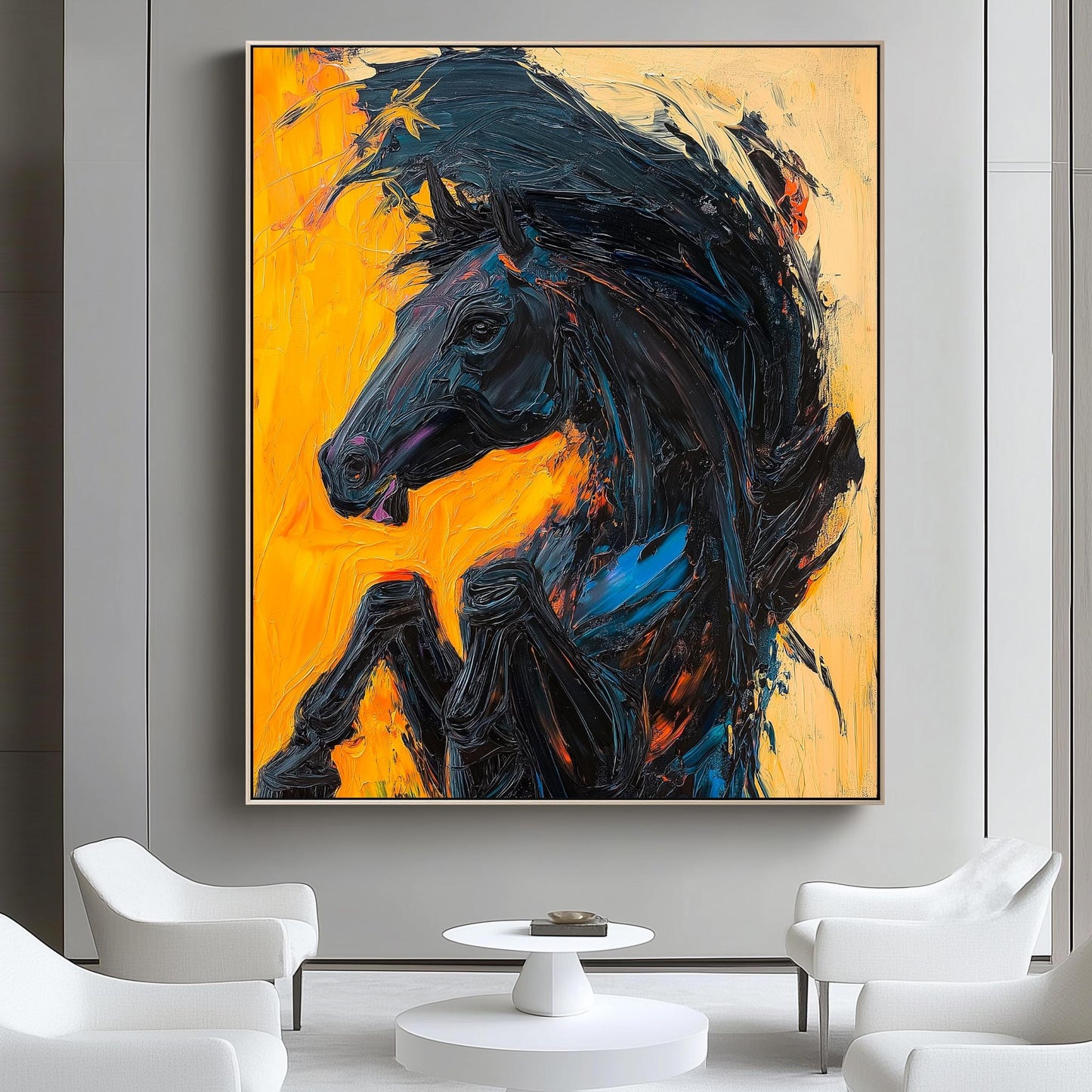 Bold Black Stallion Canvas, Textured Horse Wall Art, Vibrant Abstract Decor