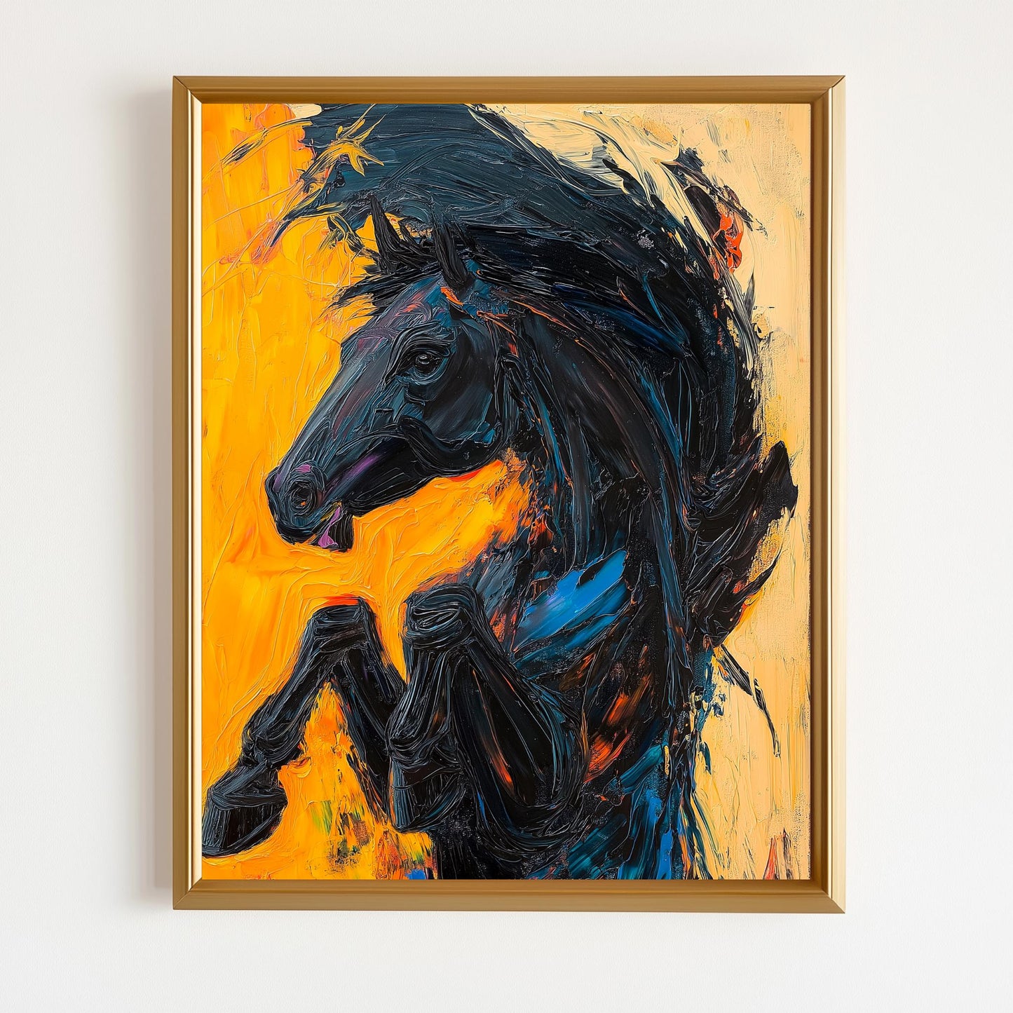 Bold Black Stallion Canvas, Textured Horse Wall Art, Vibrant Abstract Decor