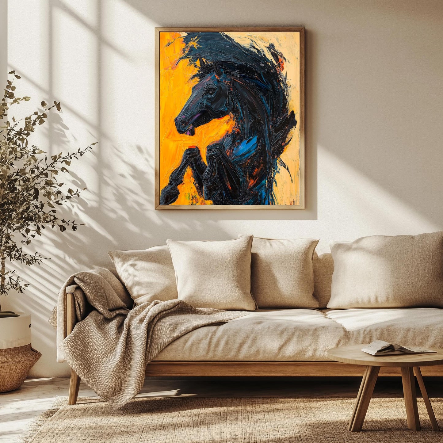 Bold Black Stallion Canvas, Textured Horse Wall Art, Vibrant Abstract Decor