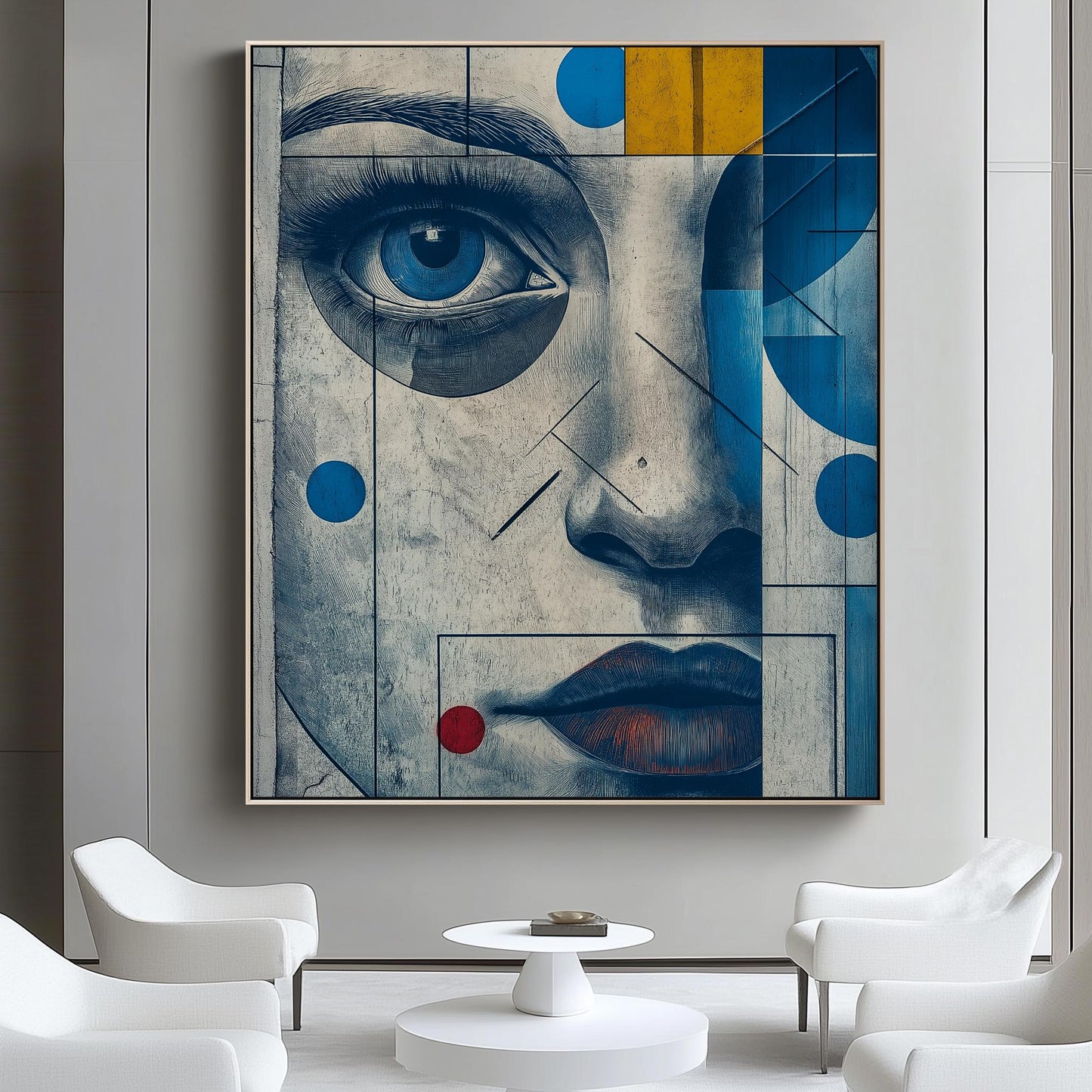 Geometric Portrait Wall Art - Abstract Blue and Yellow Canvas for Modern Decor