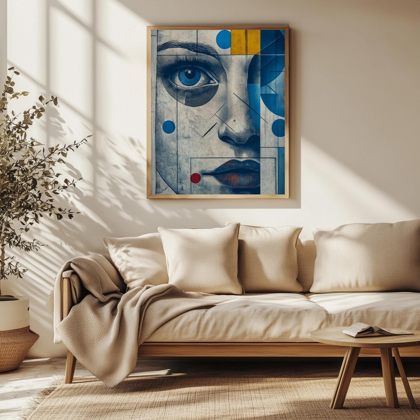 Geometric Portrait Wall Art - Abstract Blue and Yellow Canvas for Modern Decor