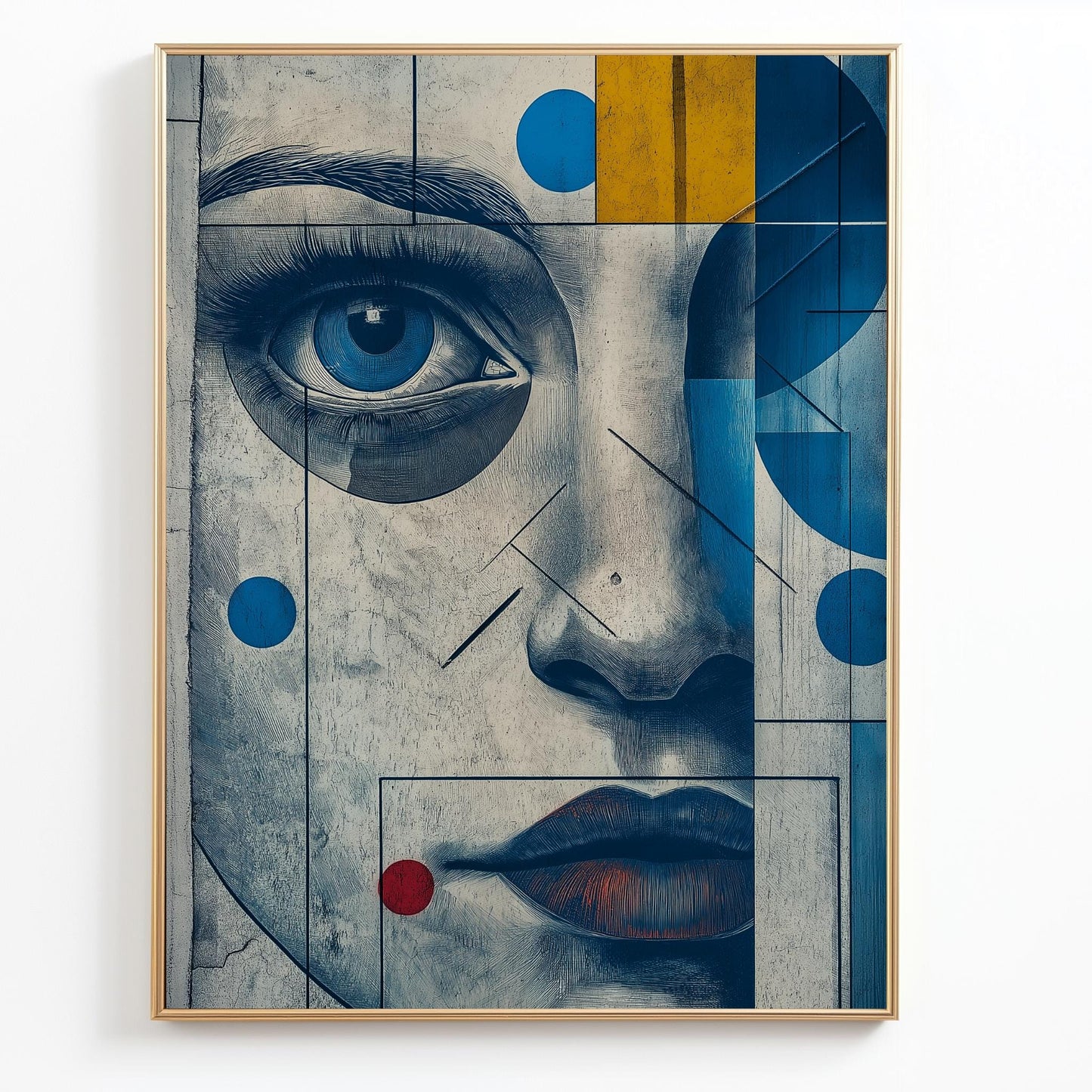 Geometric Portrait Wall Art - Abstract Blue and Yellow Canvas for Modern Decor