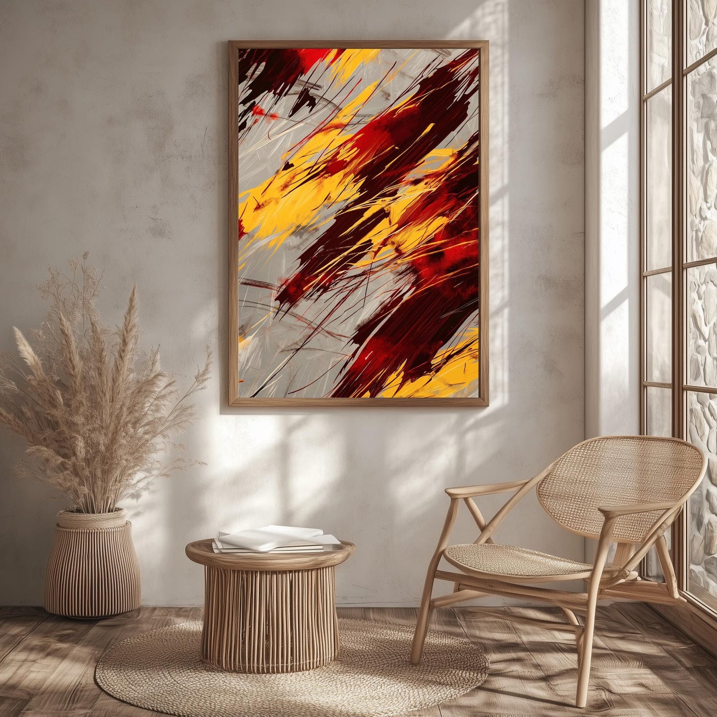 Fiery Abstract Wall Art - Bold Red and Yellow Canvas for Modern Spaces