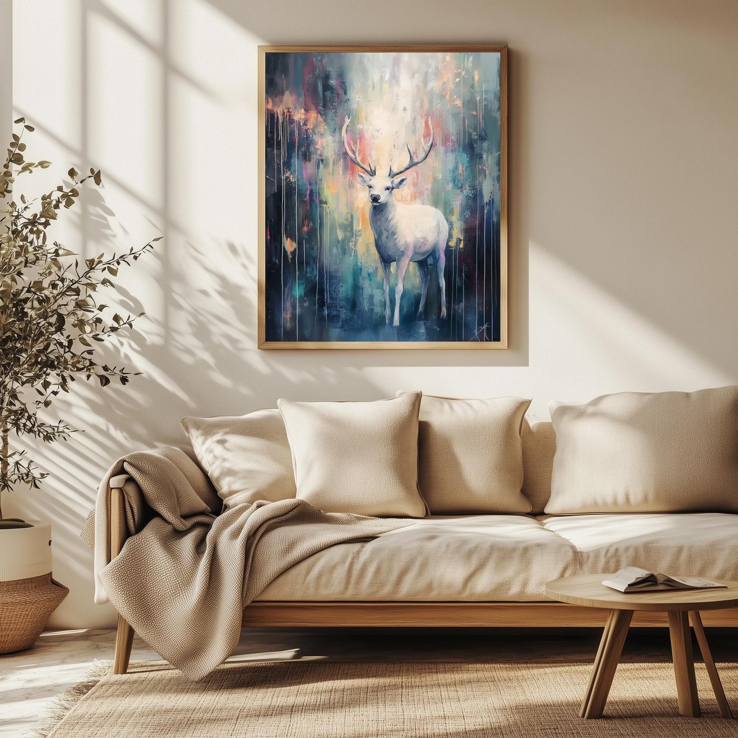 White Deer Wall Art - Abstract Forest Canvas for Elegant Home Decor