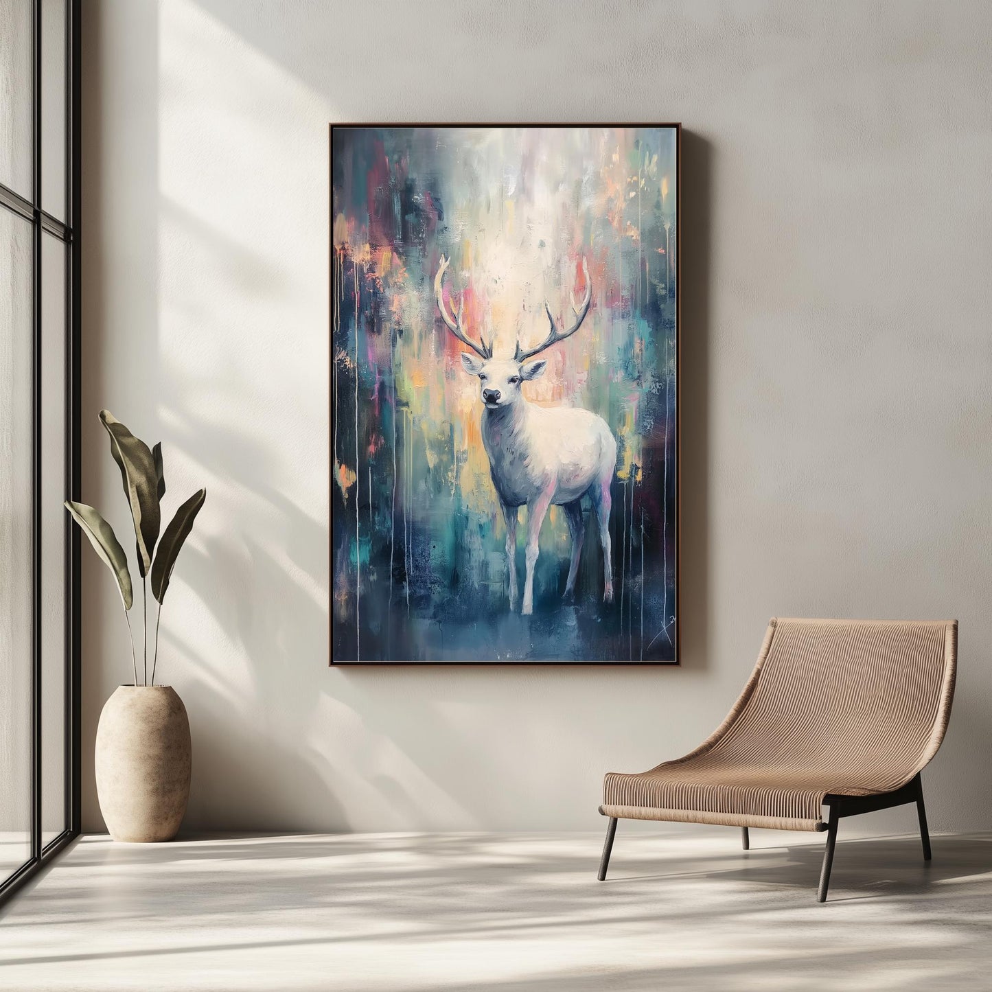 White Deer Wall Art - Abstract Forest Canvas for Elegant Home Decor