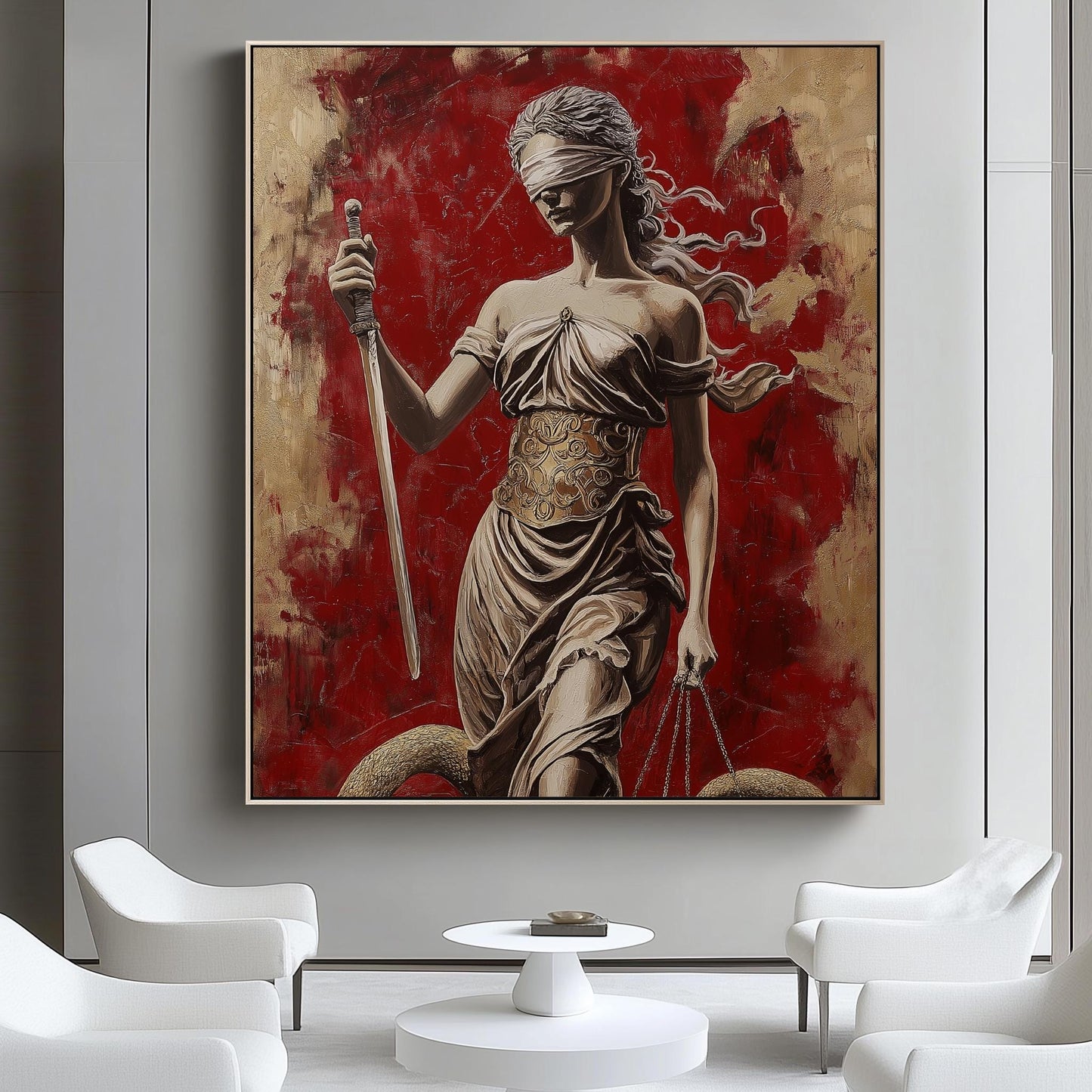 Lady Justice Wall Art - Bold Red Canvas with Blindfolded Statue Design