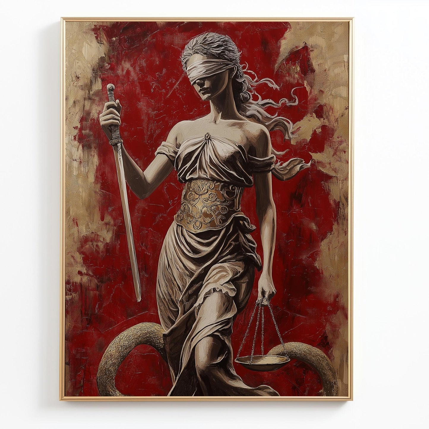 Lady Justice Wall Art - Bold Red Canvas with Blindfolded Statue Design