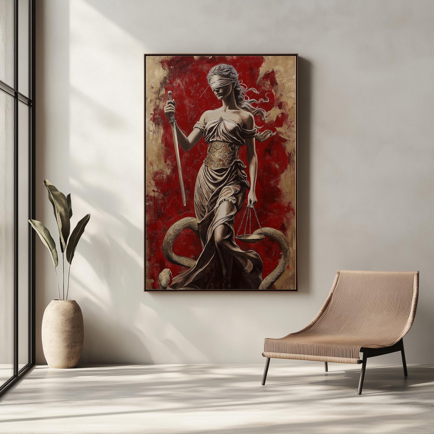 Lady Justice Wall Art - Bold Red Canvas with Blindfolded Statue Design