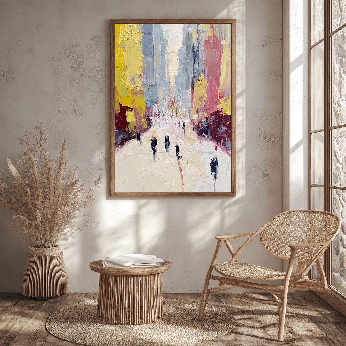 Abstract Cityscape Wall Art | Modern Urban Street Scene Canvas Print | Contemporary Impressionist Painting | Yellow Pink Decor