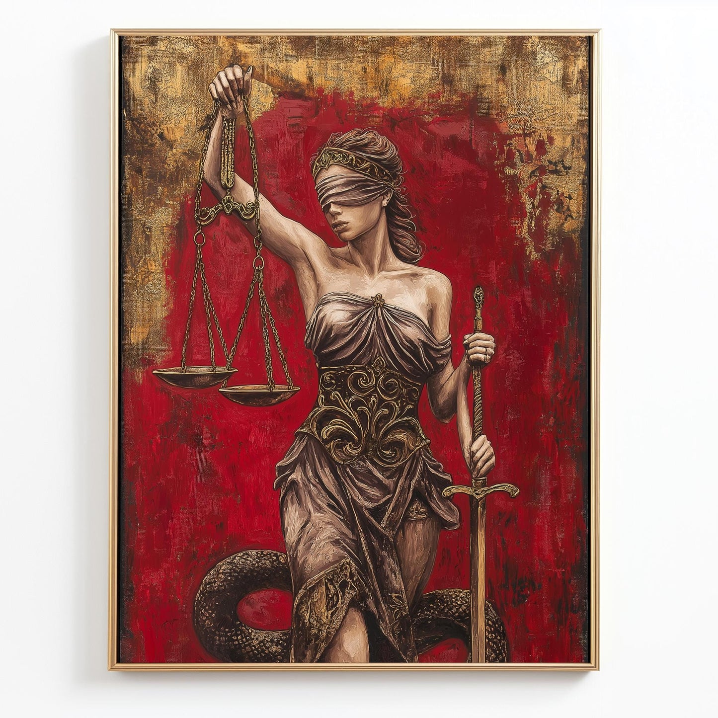 Lady Justice Wall Art | Lawyer Office Decor | Red Gold Canvas Print | Law Firm Attorney Gift | Legal Scale Sword