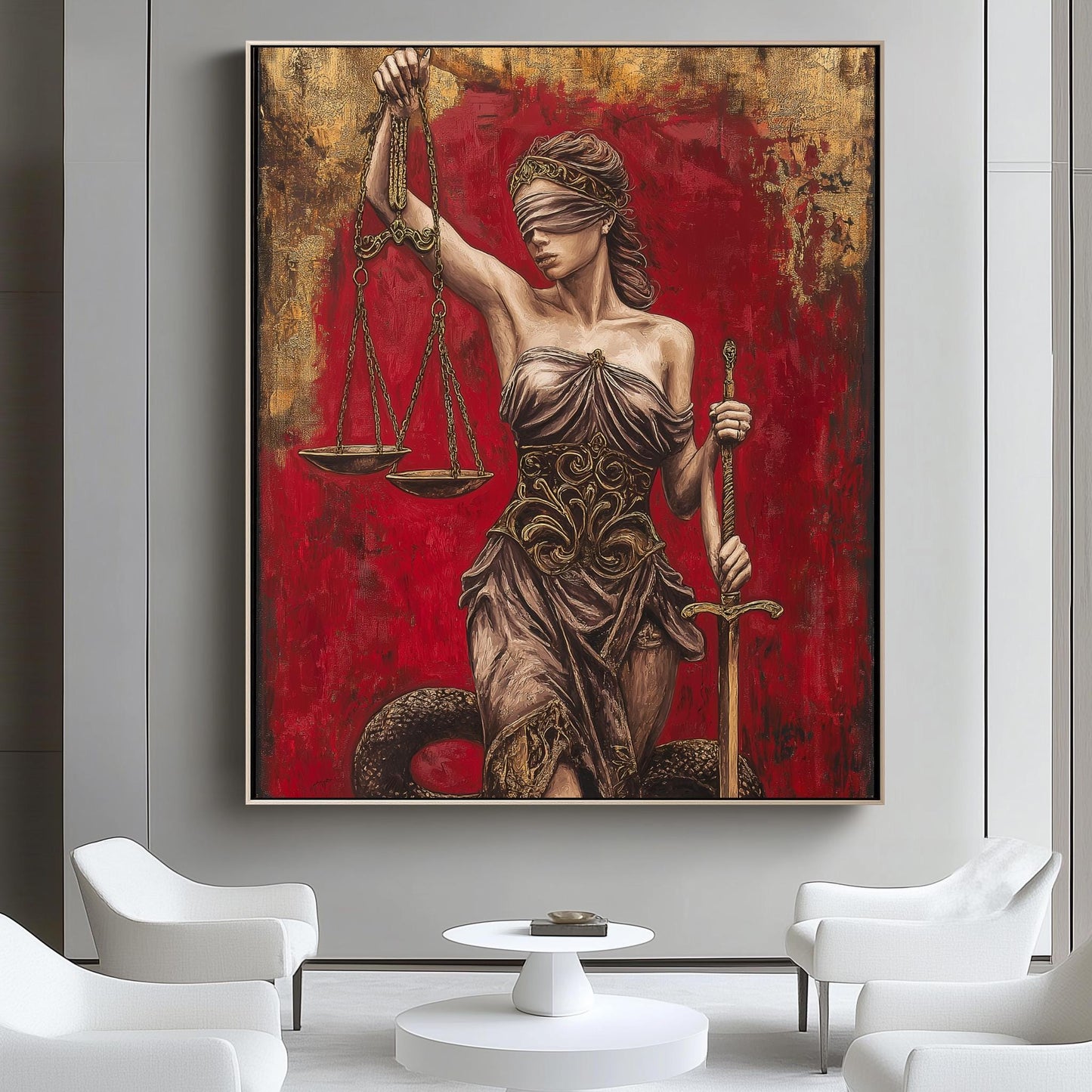 Lady Justice Wall Art | Lawyer Office Decor | Red Gold Canvas Print | Law Firm Attorney Gift | Legal Scale Sword