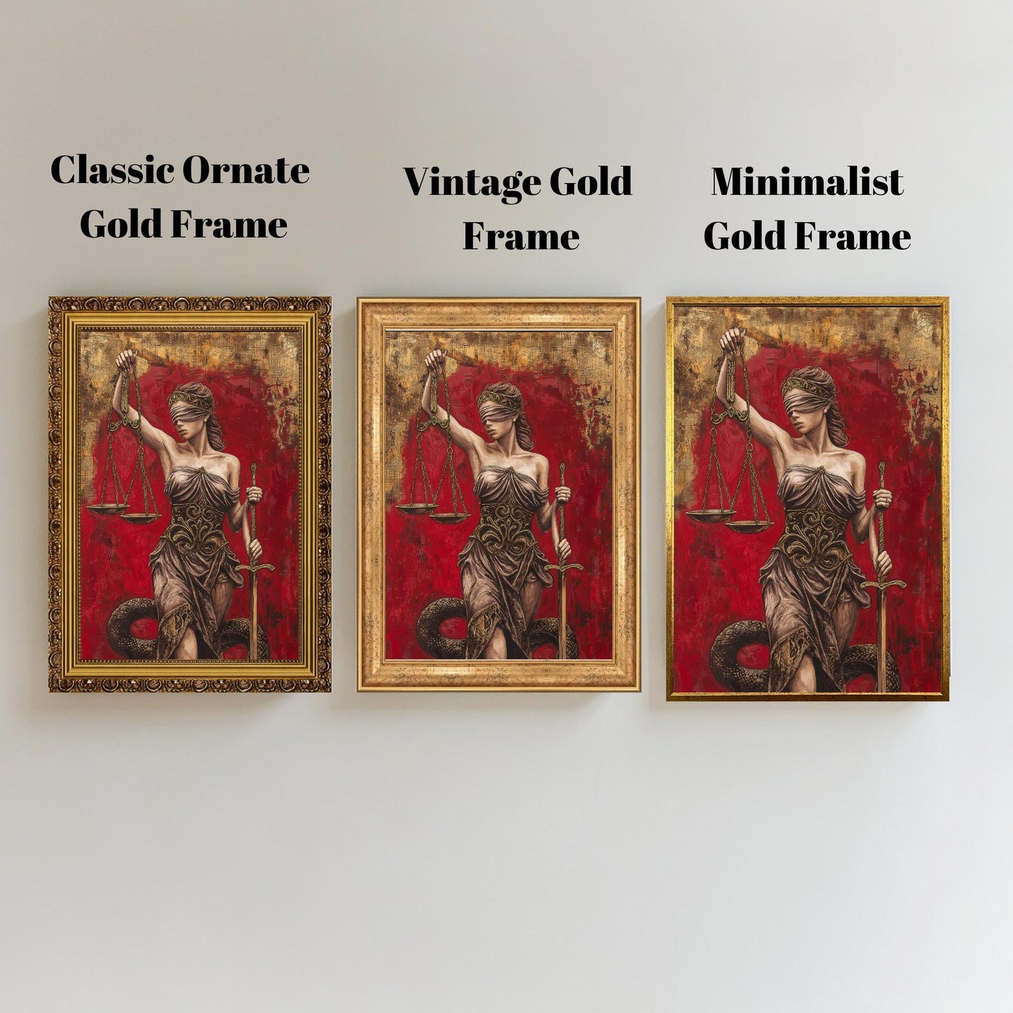 Lady Justice Wall Art | Lawyer Office Decor | Red Gold Canvas Print | Law Firm Attorney Gift | Legal Scale Sword