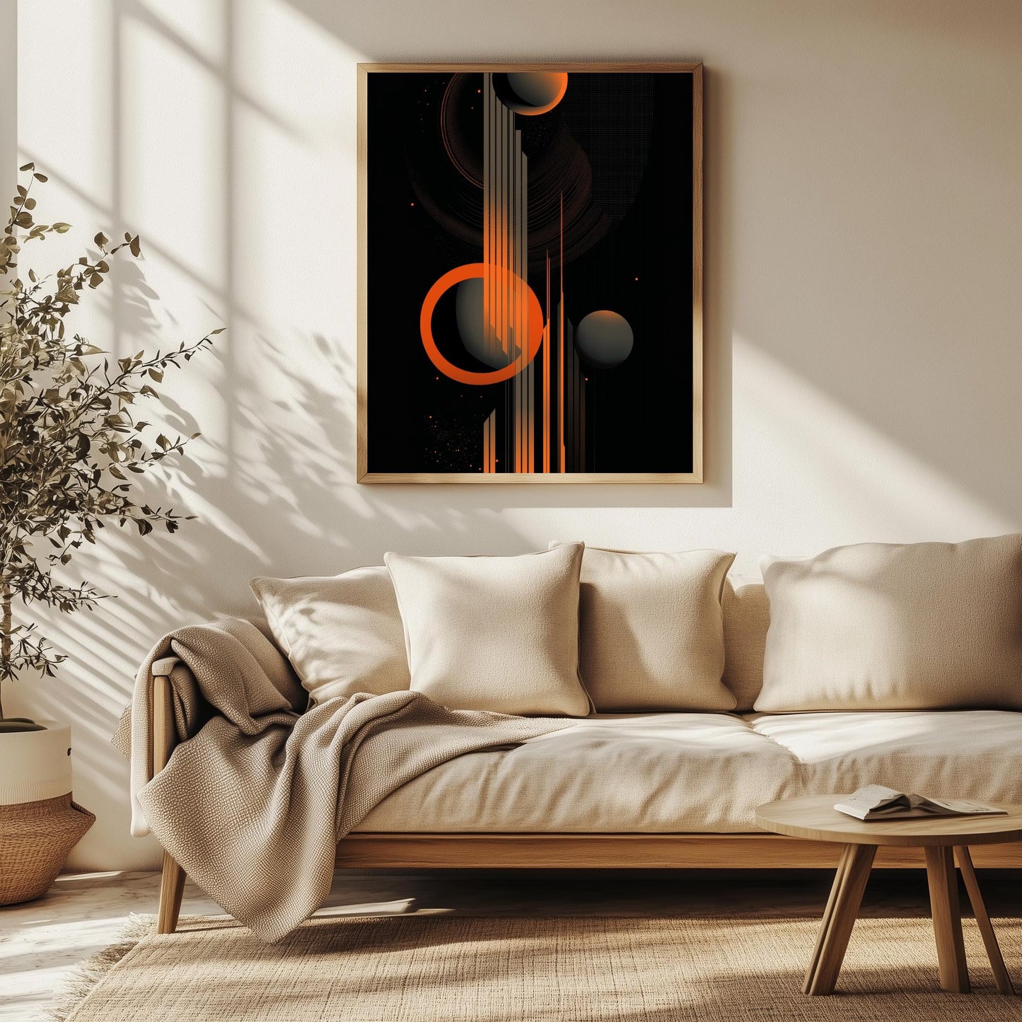 Abstract Geometric Canvas Art  Modern Orange and Black Wall Decor