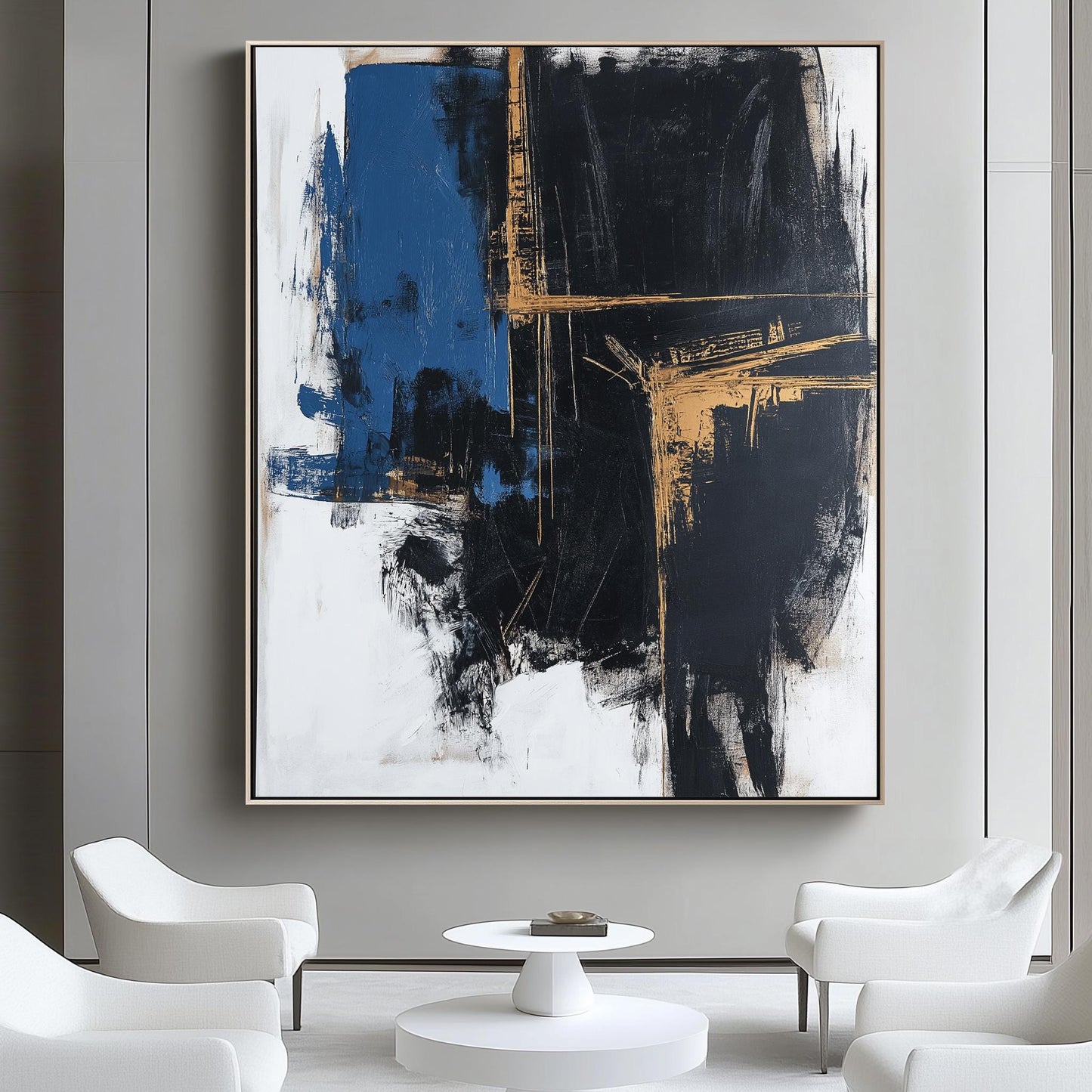 Abstract Blue and Black Canvas Art, Modern Wall Decor, Bold Abstract Painting for Living Room