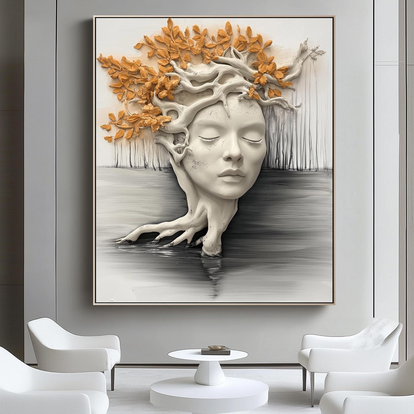 Abstract Tree Head Sculpture with Leaves - Modern Wall Art for Home or Office Decor