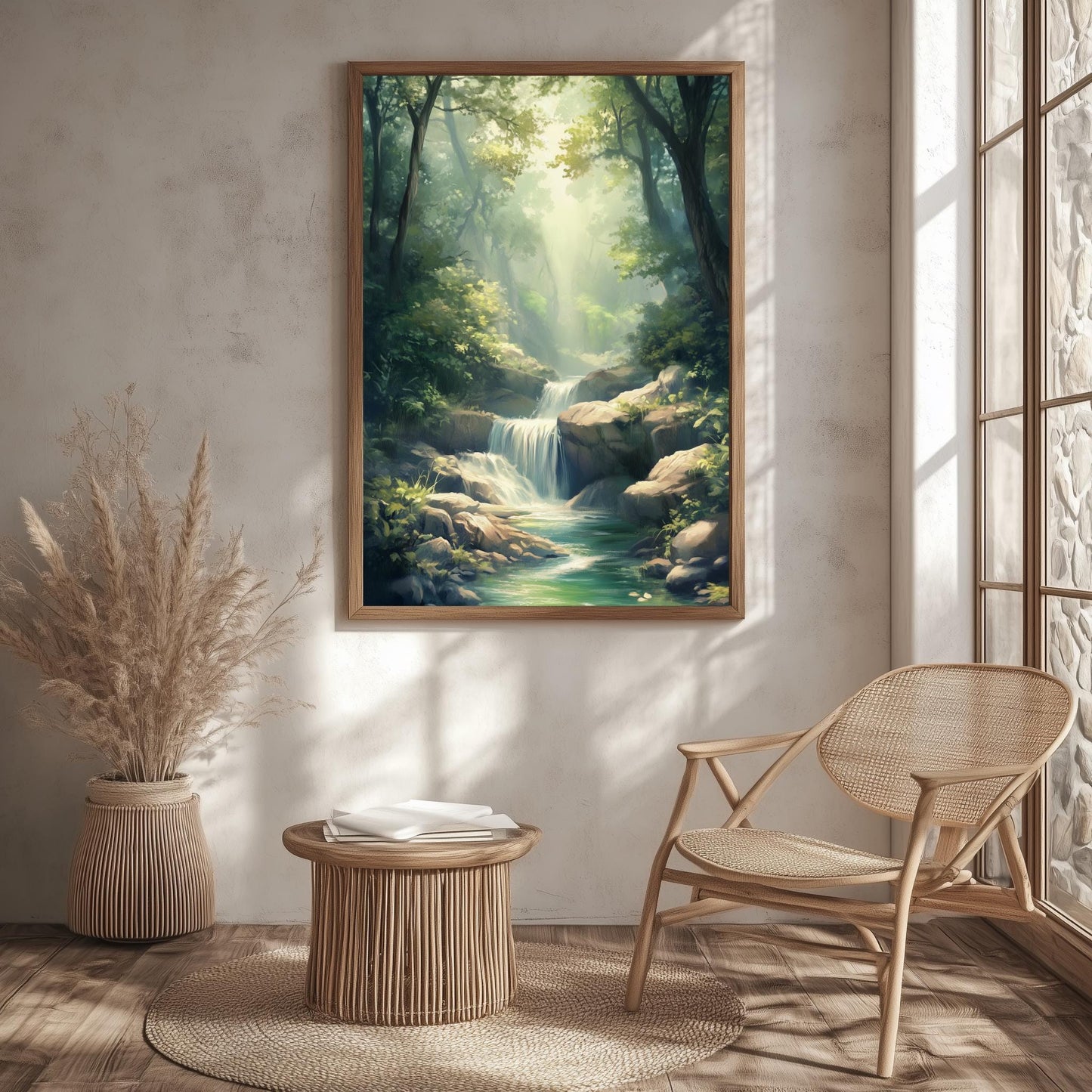 Tranquil Forest Waterfall Canvas Art - Serene Nature Landscape Wall Decor for Living Room, Bedroom, or Office