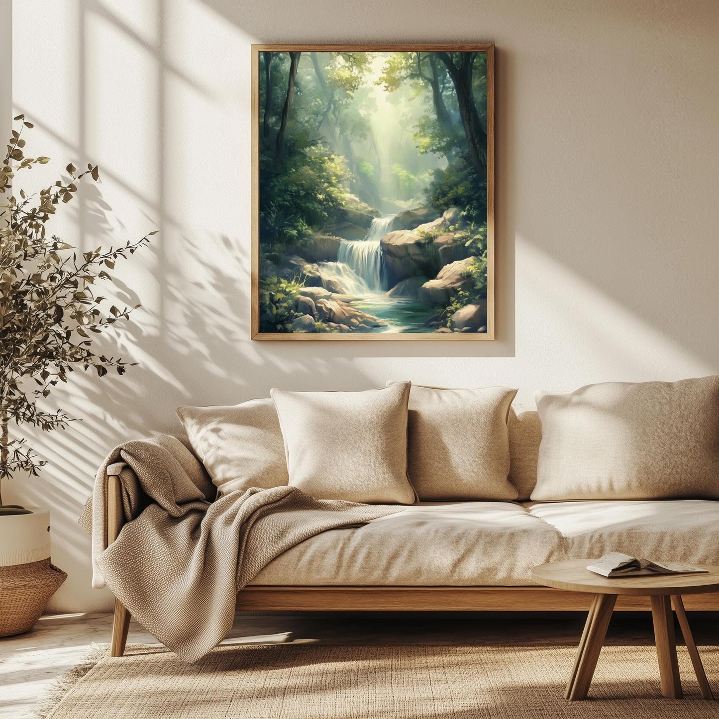 Tranquil Forest Waterfall Canvas Art - Serene Nature Landscape Wall Decor for Living Room, Bedroom, or Office