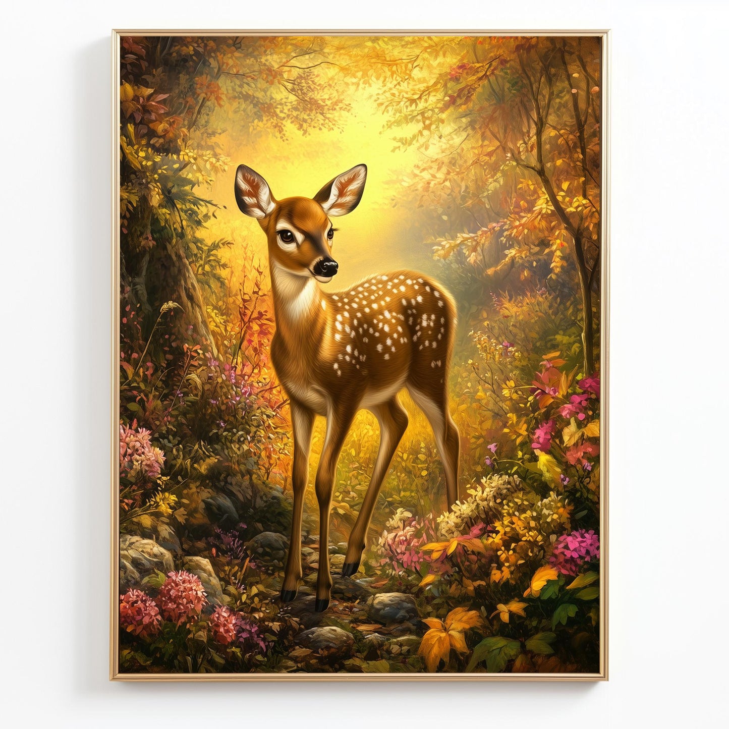 Enchanting Fawn in Autumn Forest Canvas Art - Whimsical Wildlife Wall Decor, Warm Golden Light Woodland Scene for Nature-Inspired Spaces